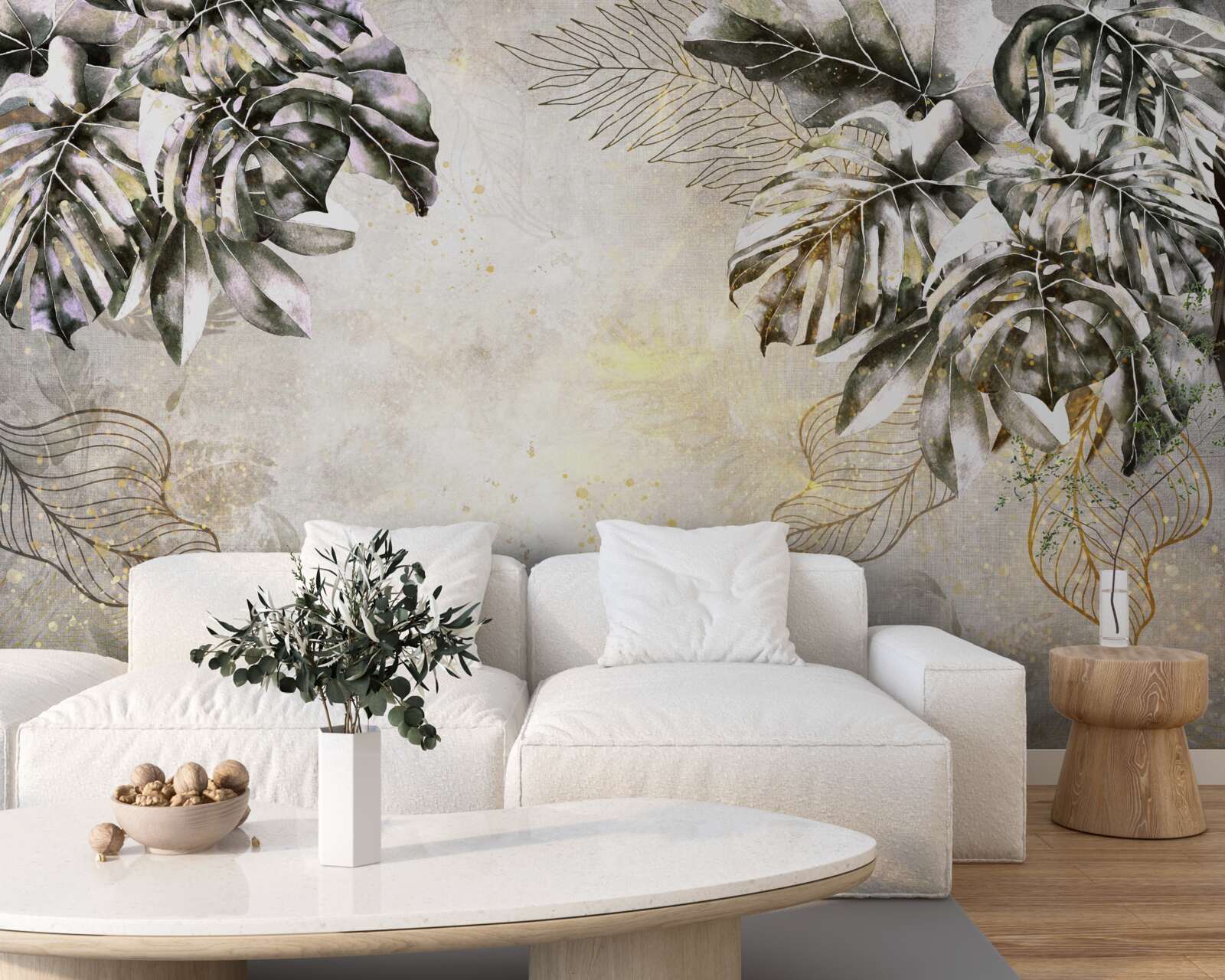 Fotobehang de herfstcompositie bevat grote monsterabladeren