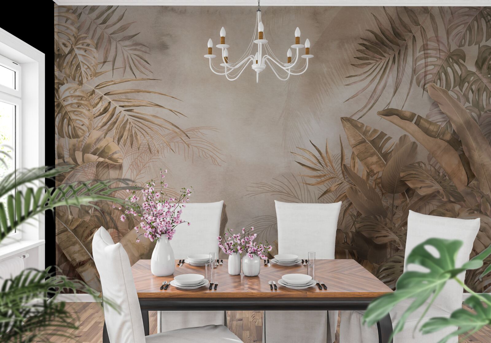 Fotobehang monstera en palmbomen groeien in tropische bossen