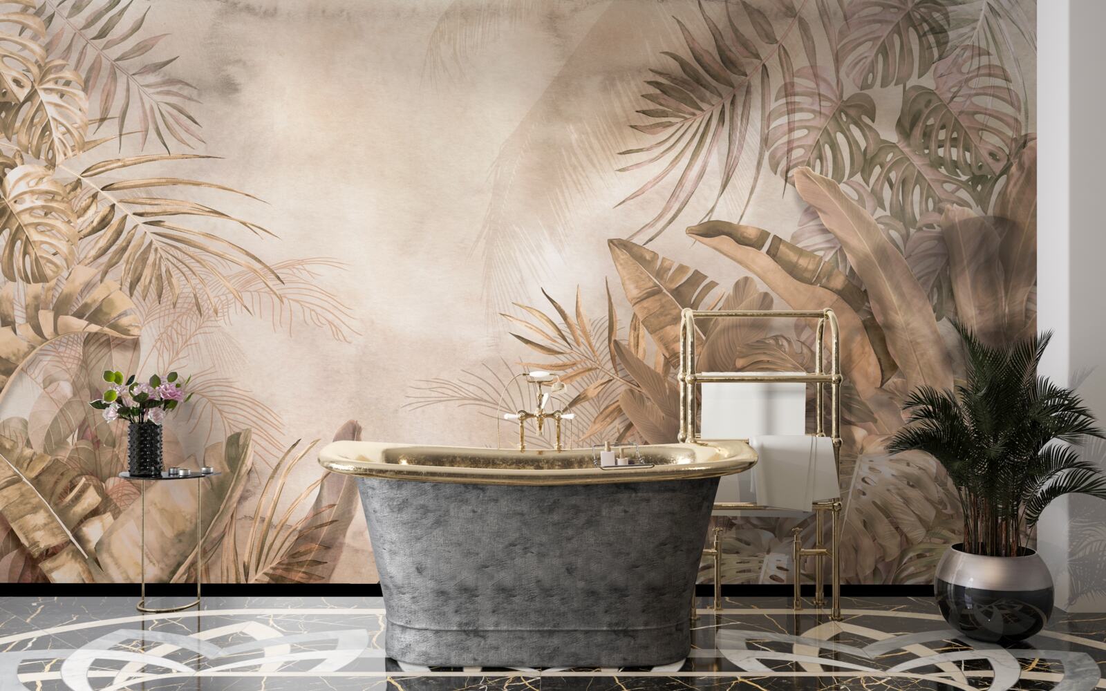 Fotobehang monstera en palmbomen groeien in tropische bossen