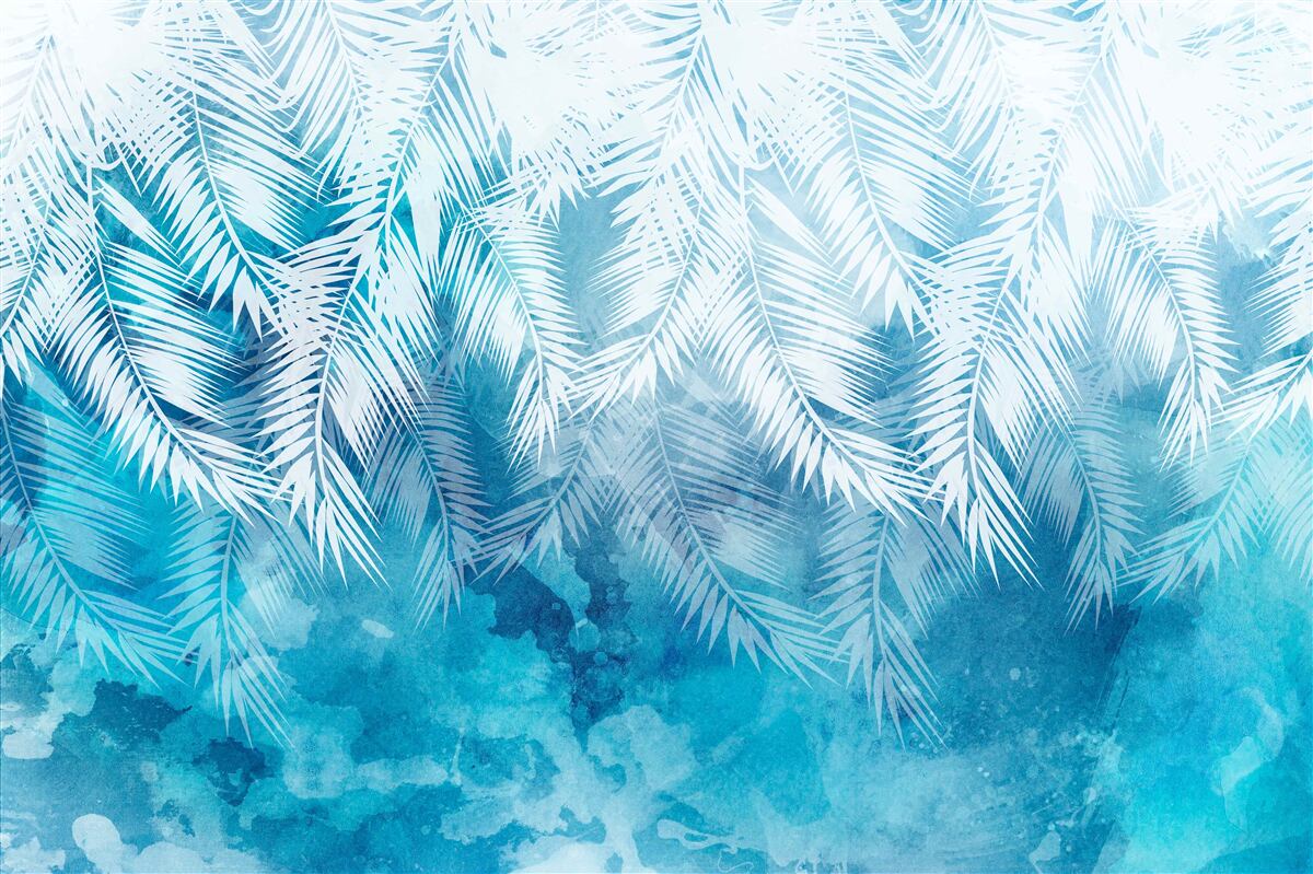 Fotobehang witte varenbladeren op een winterse achtergrond