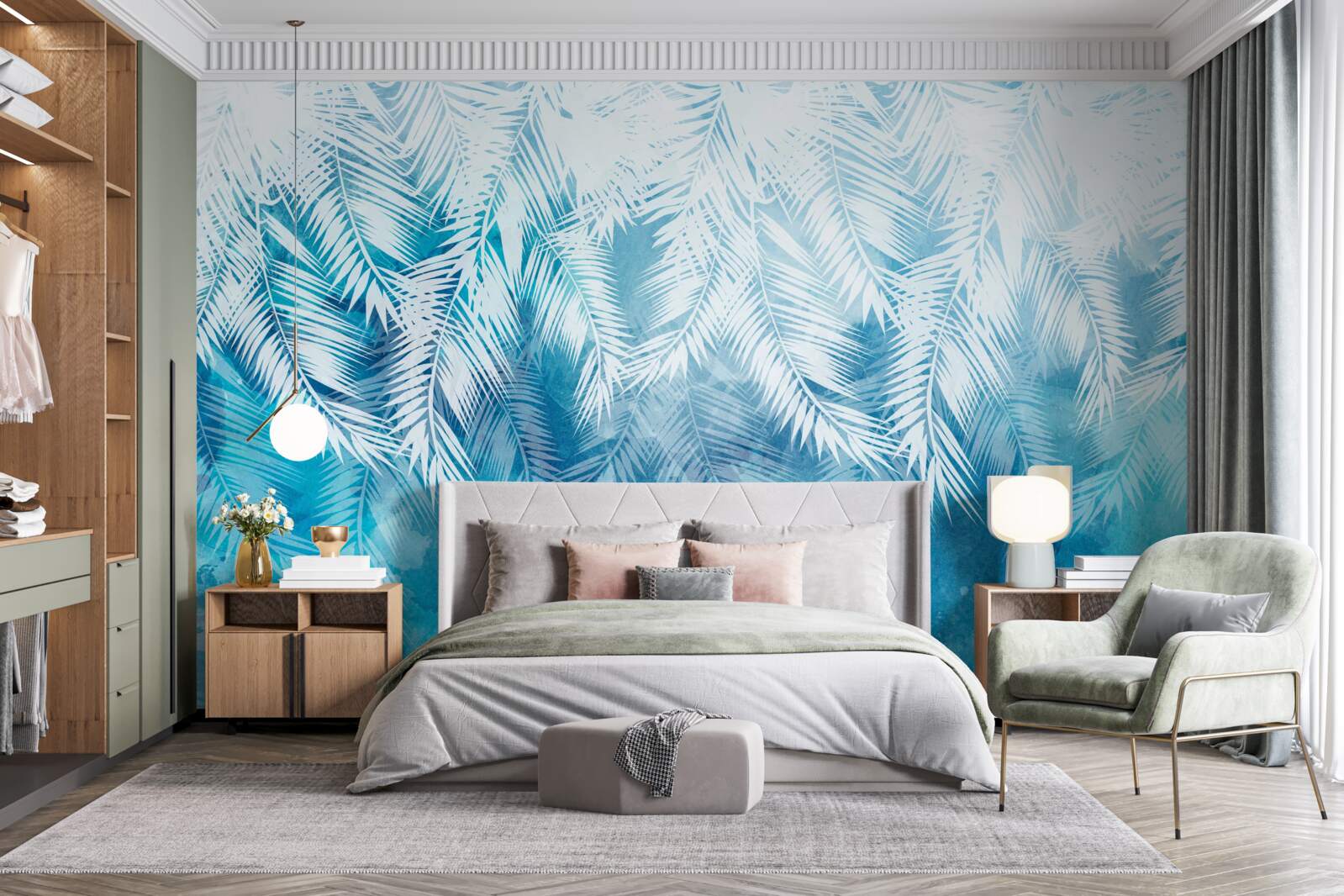 Fotobehang witte varenbladeren op een winterse achtergrond