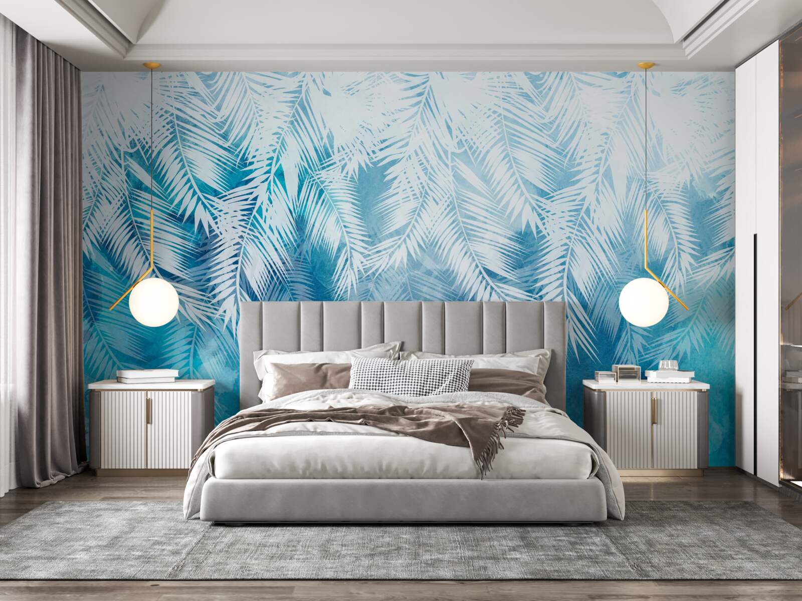 Fotobehang witte varenbladeren op een winterse achtergrond