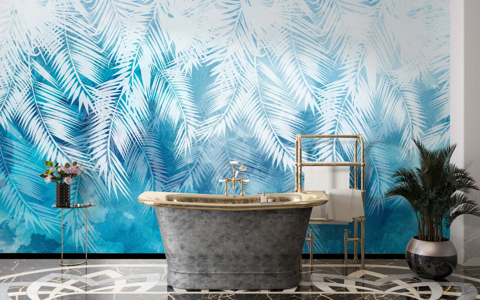 Fotobehang witte varenbladeren op een winterse achtergrond