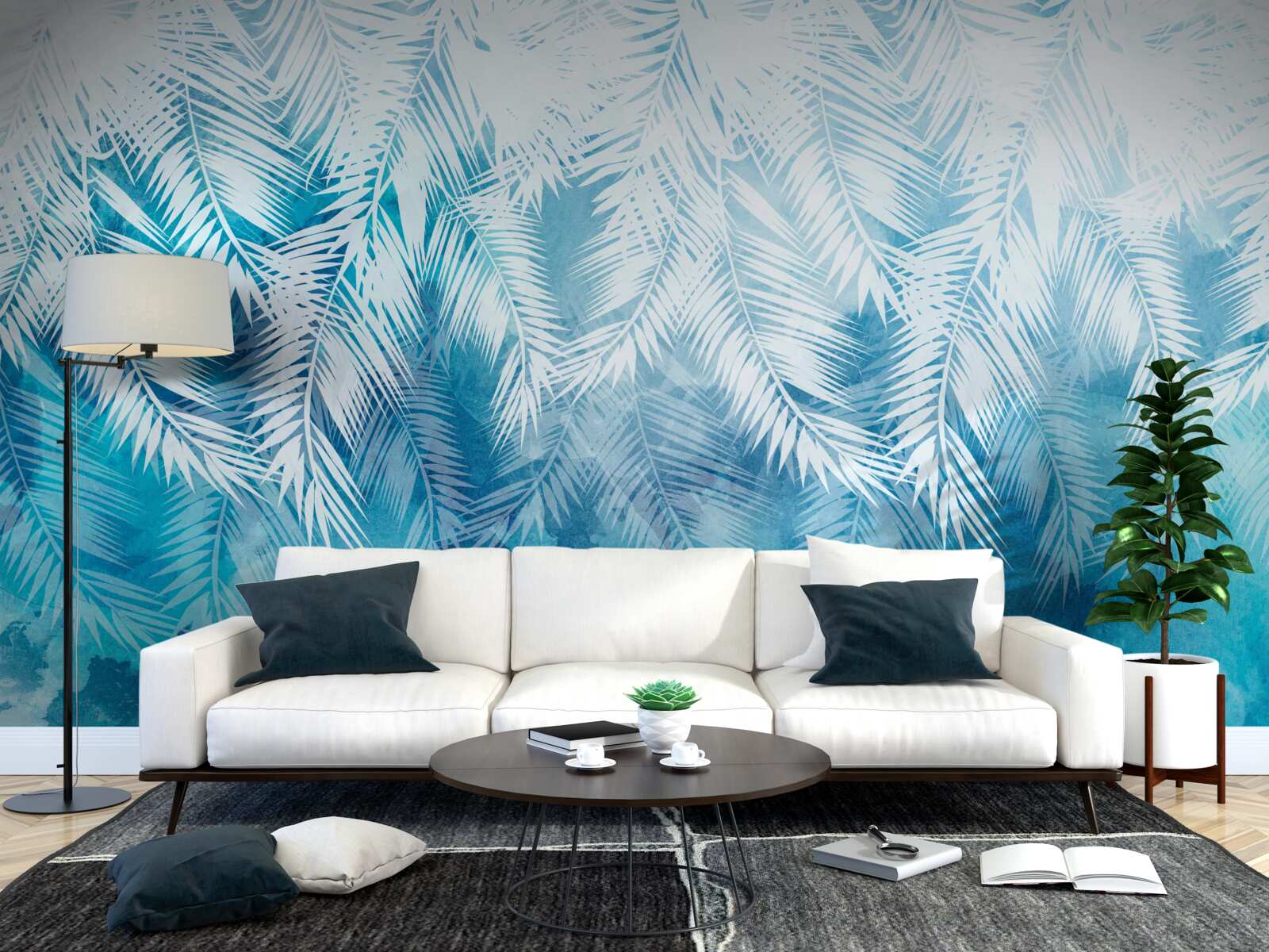 Fotobehang witte varenbladeren op een winterse achtergrond