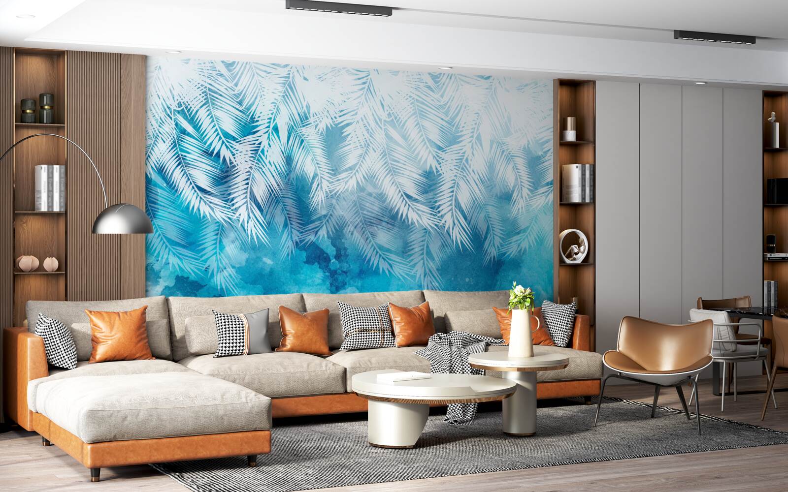 Fotobehang witte varenbladeren op een winterse achtergrond