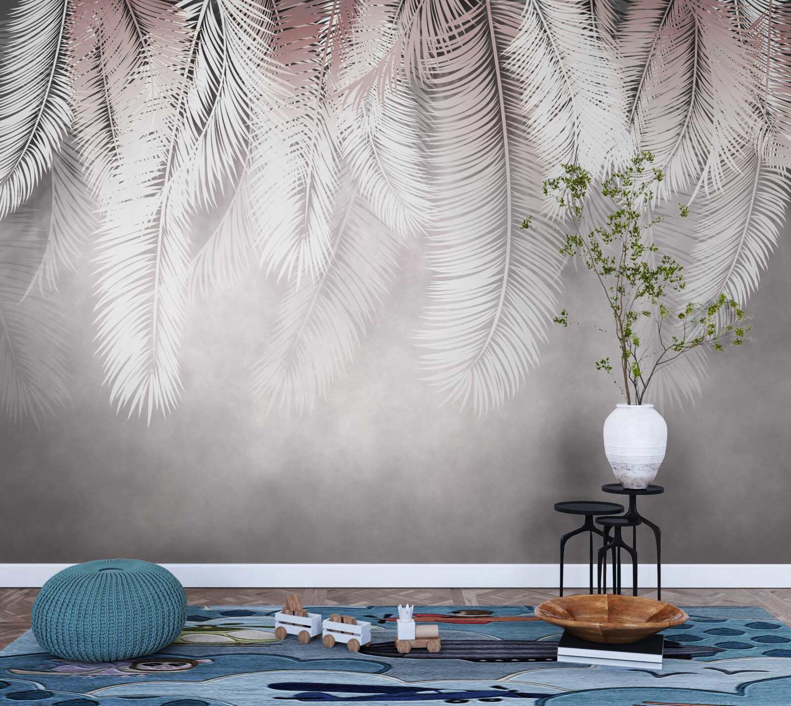 Fotobehang witte, pluizige en heldere palmbladeren