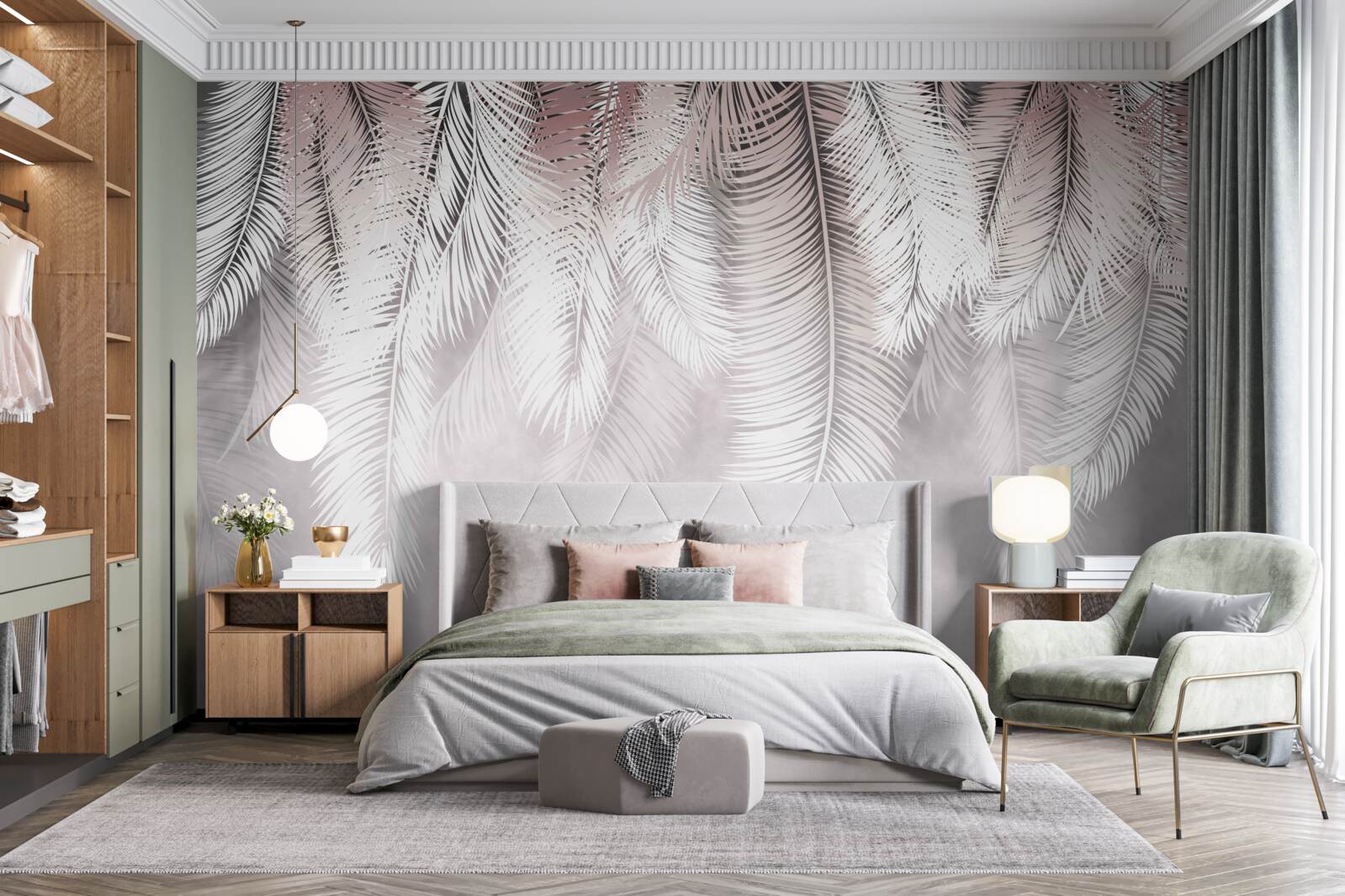 Fotobehang witte, pluizige en heldere palmbladeren