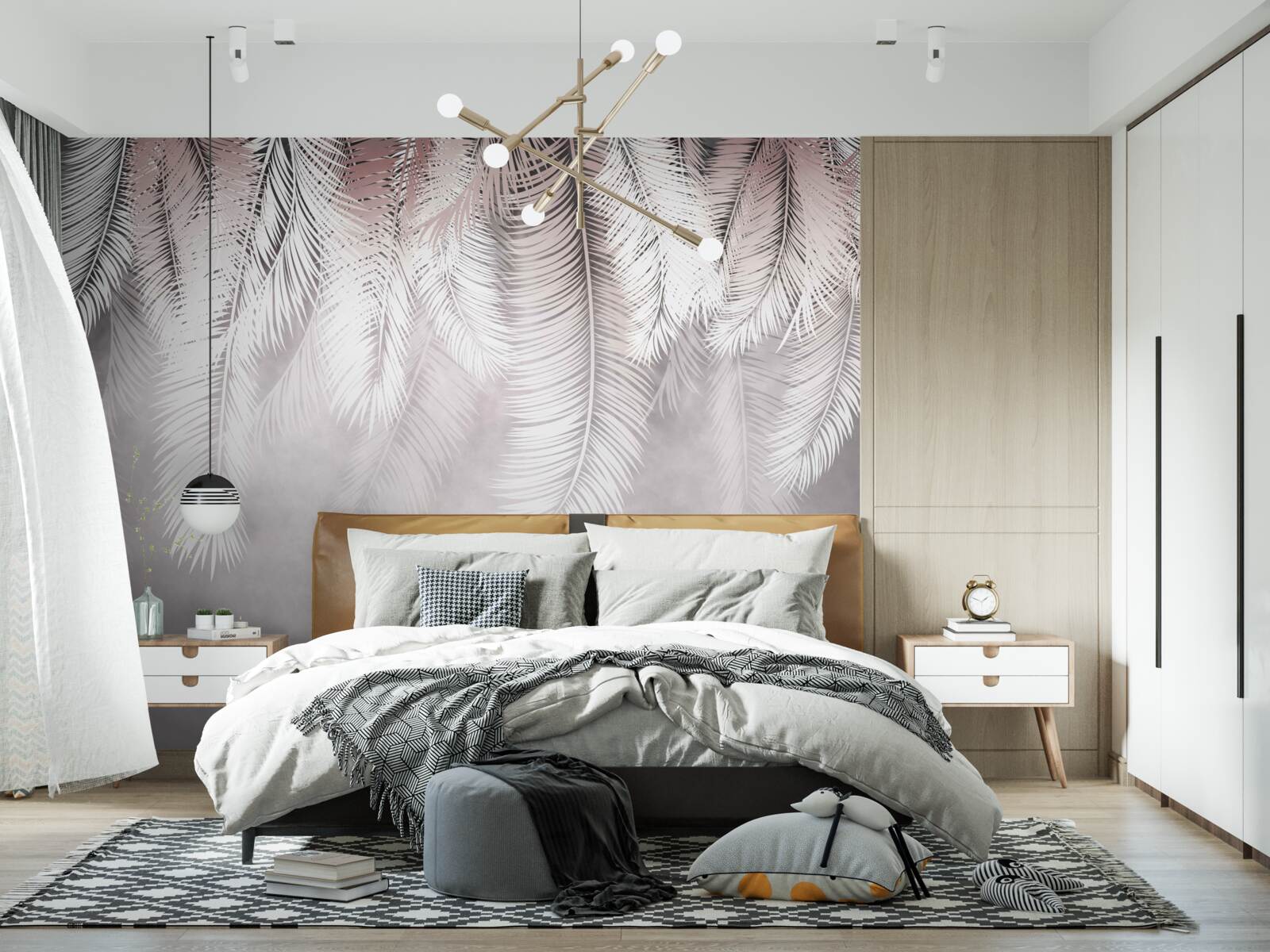 Fotobehang witte, pluizige en heldere palmbladeren