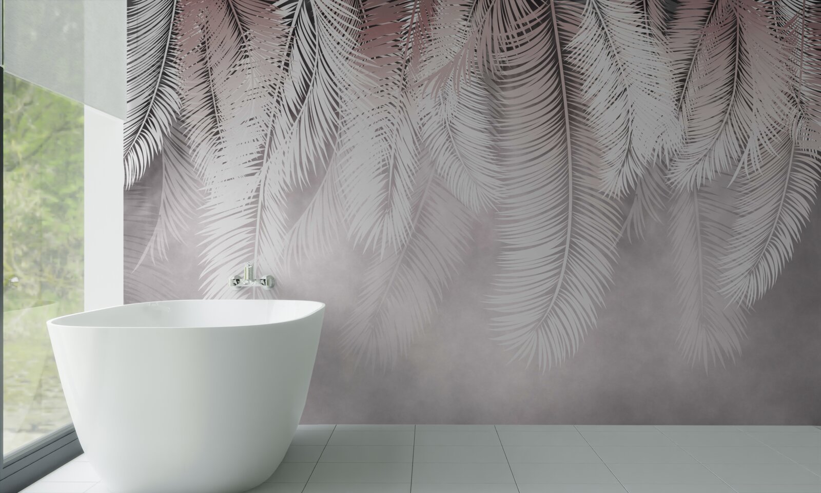Fotobehang witte, pluizige en heldere palmbladeren