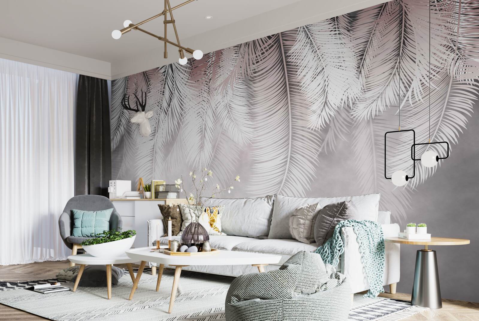Fotobehang witte, pluizige en heldere palmbladeren