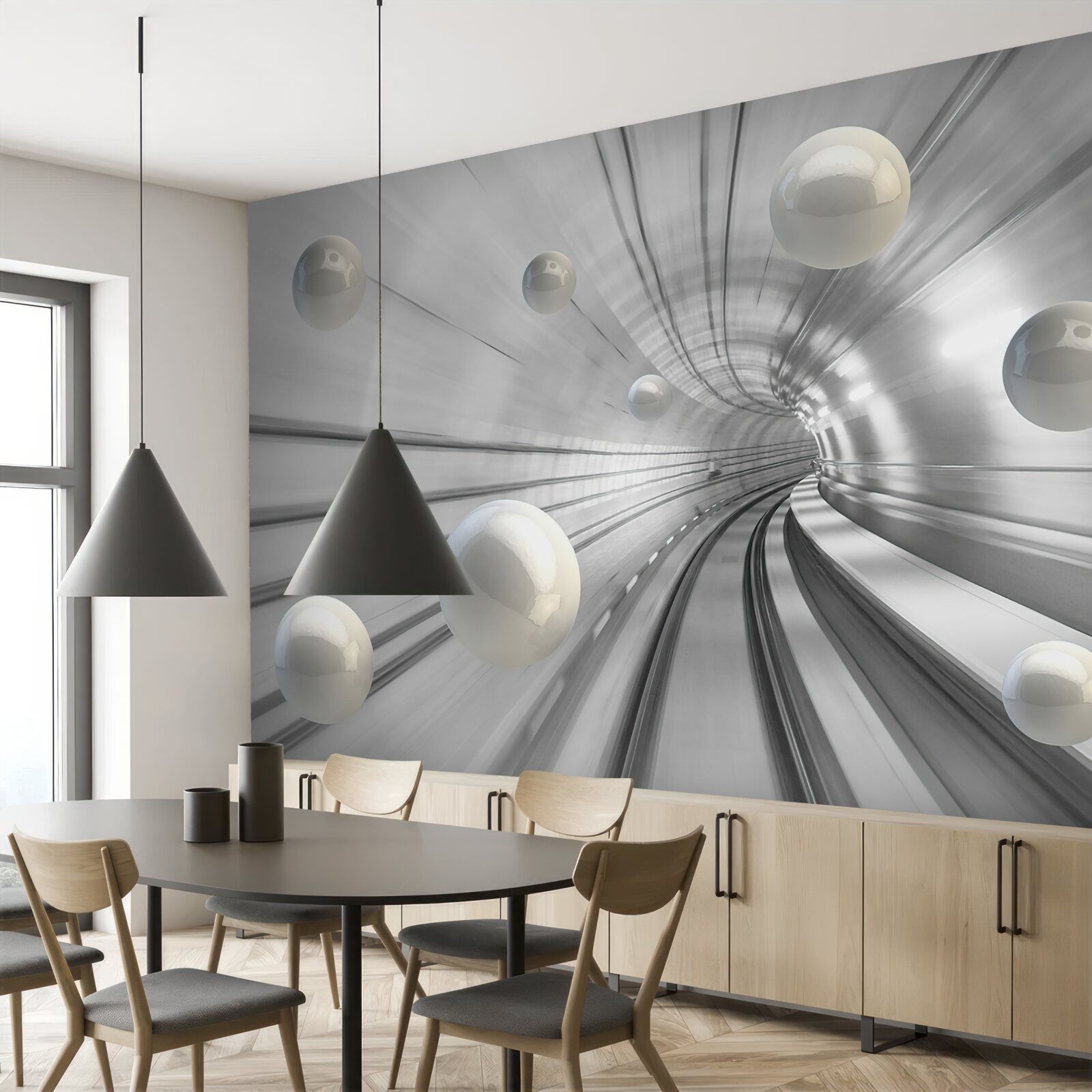 Fotobehang passage van sneeuwwitte ballen die in de lucht hangen