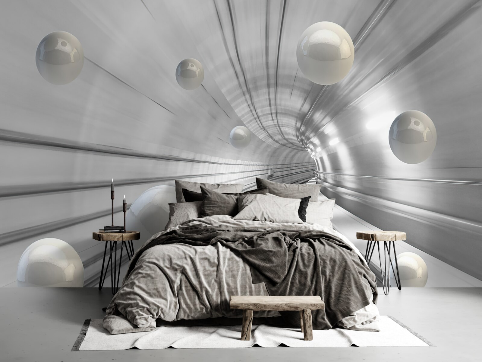 Fotobehang passage van sneeuwwitte ballen die in de lucht hangen