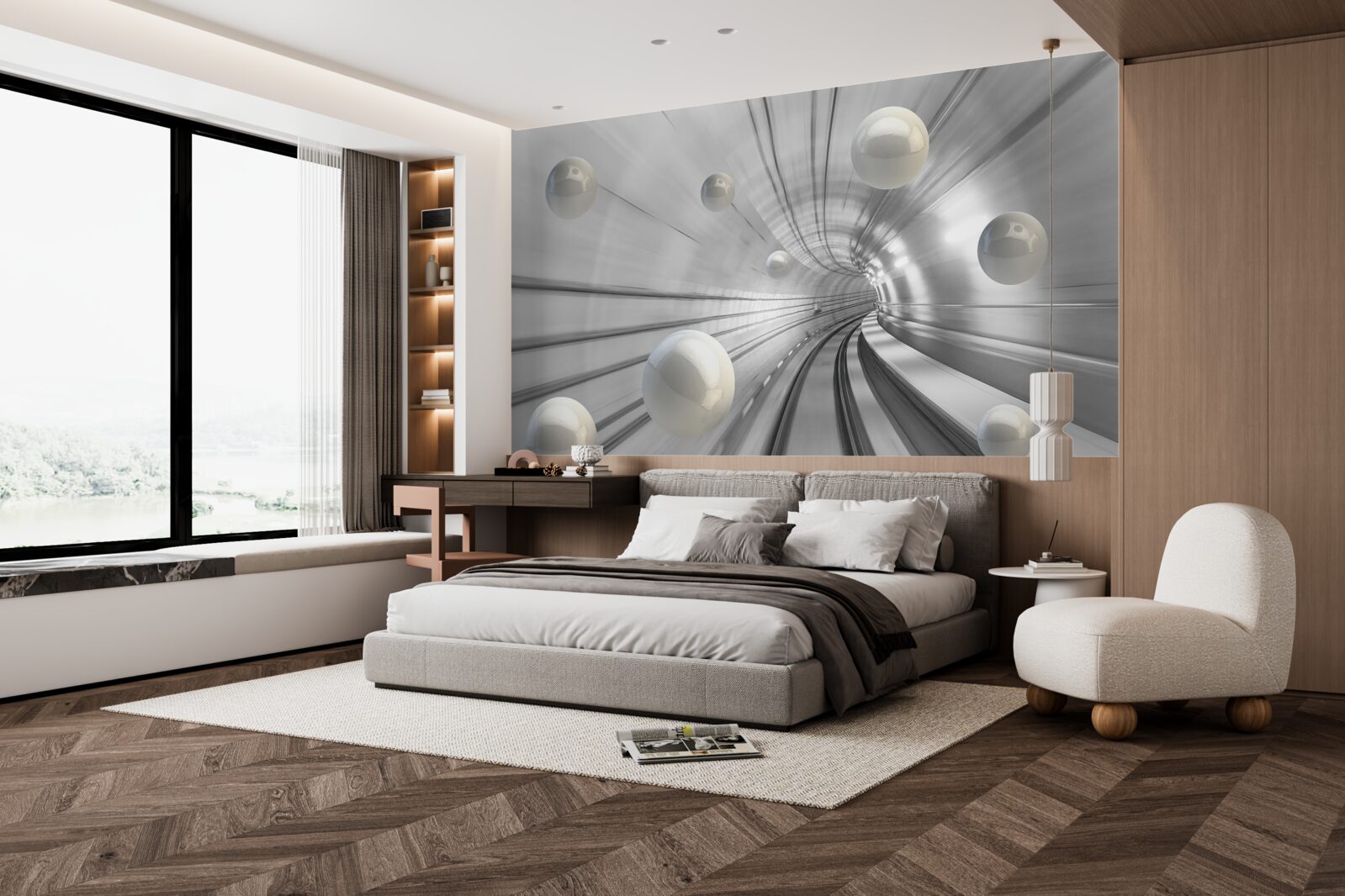 Fotobehang passage van sneeuwwitte ballen die in de lucht hangen