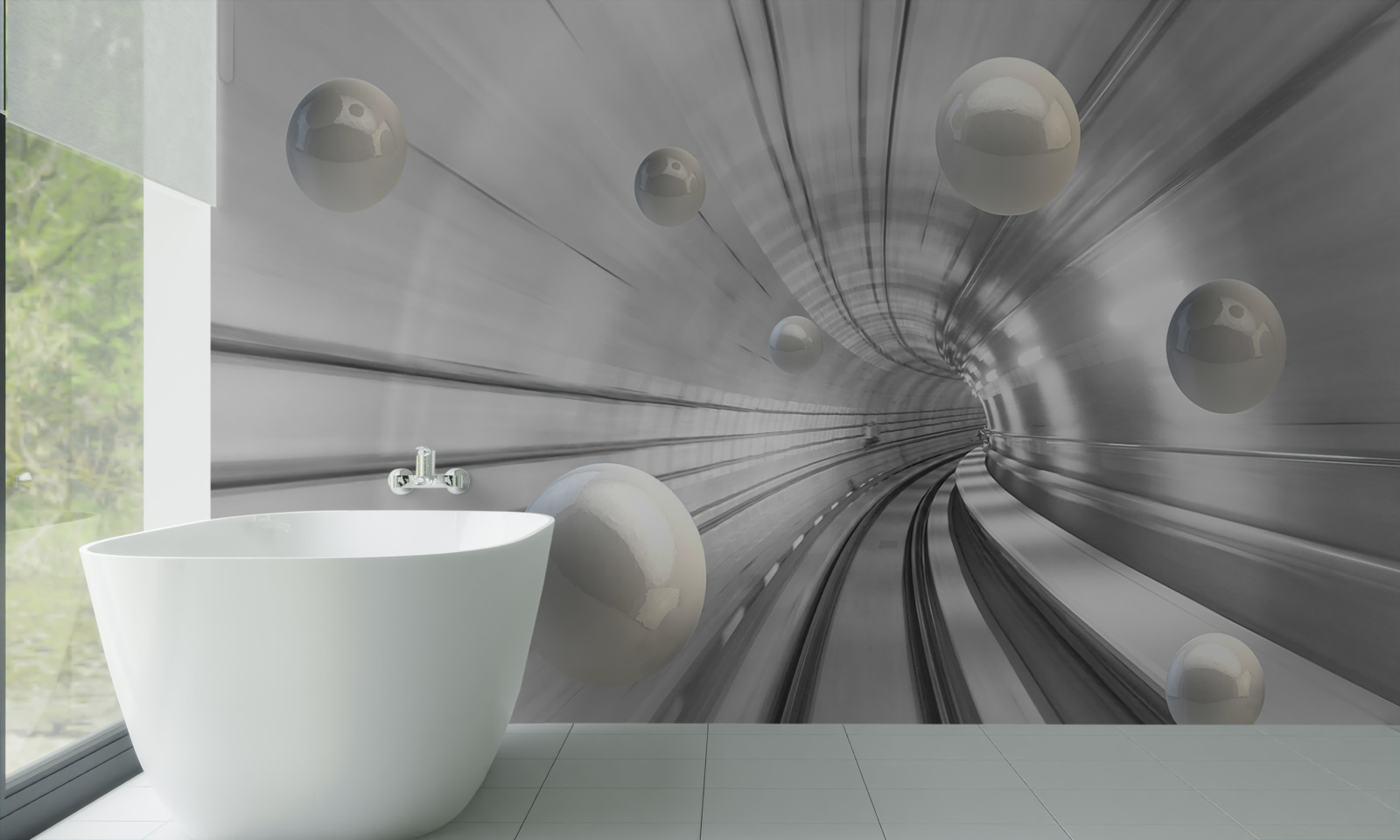 Fotobehang passage van sneeuwwitte ballen die in de lucht hangen