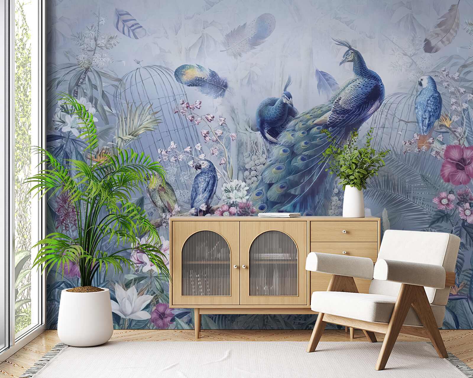 Fotobehang papegaaien en pauwen in een oproer van bloemen in de tuin