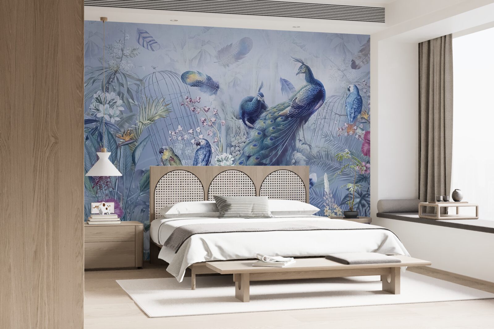 Fotobehang papegaaien en pauwen in een oproer van bloemen in de tuin