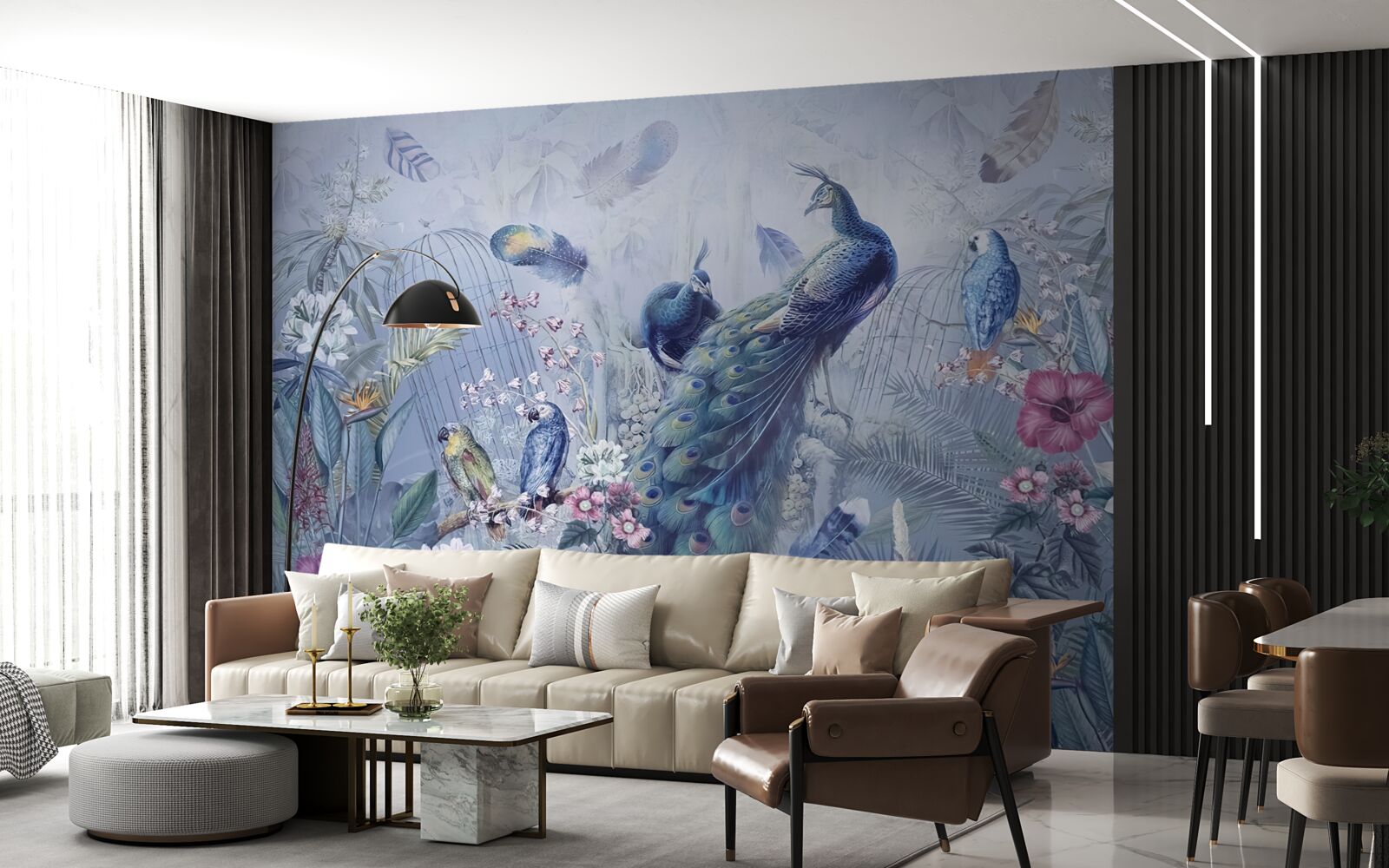 Fotobehang papegaaien en pauwen in een oproer van bloemen in de tuin