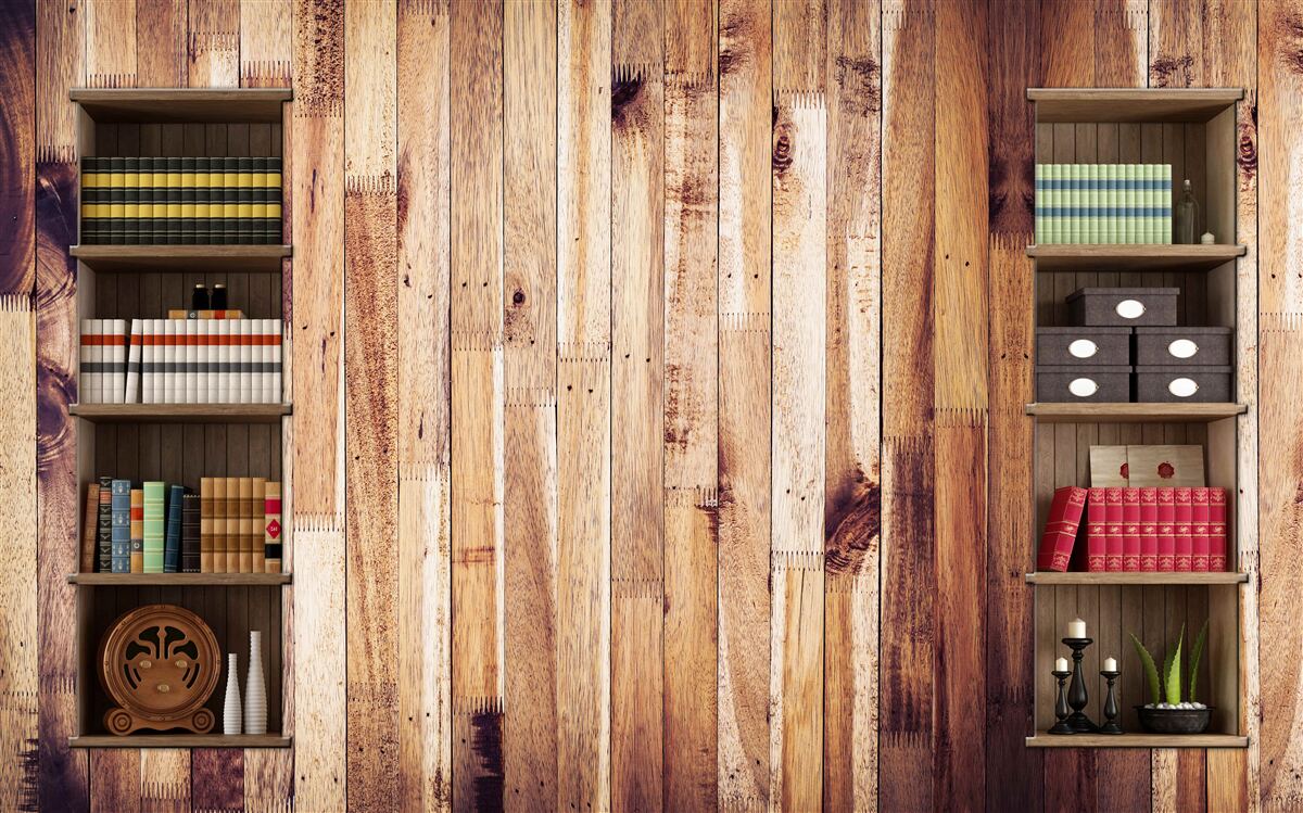 Fotobehang boekenplanken op de parketvloer