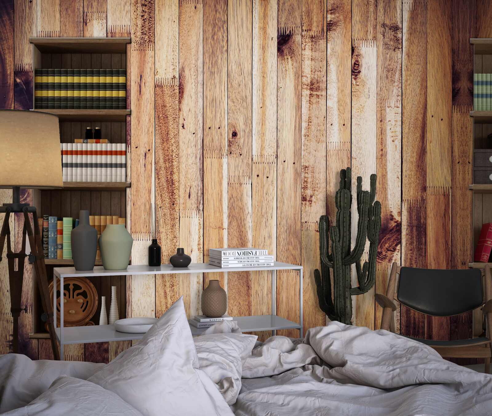 Fotobehang boekenplanken op de parketvloer