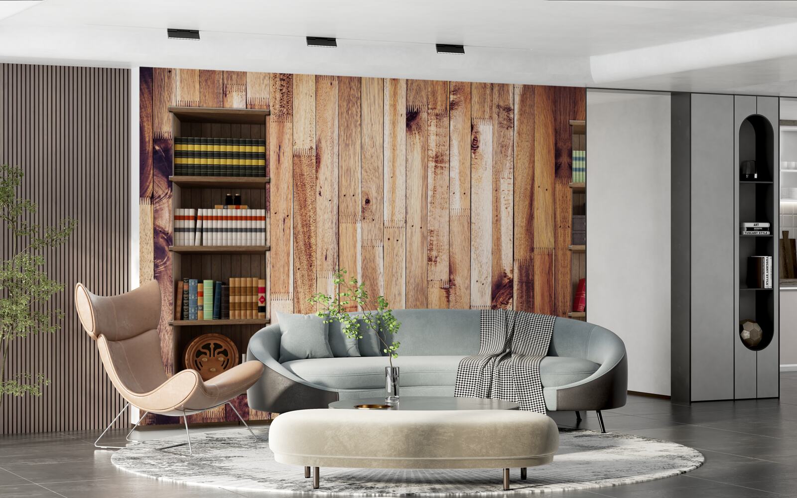 Fotobehang boekenplanken op de parketvloer