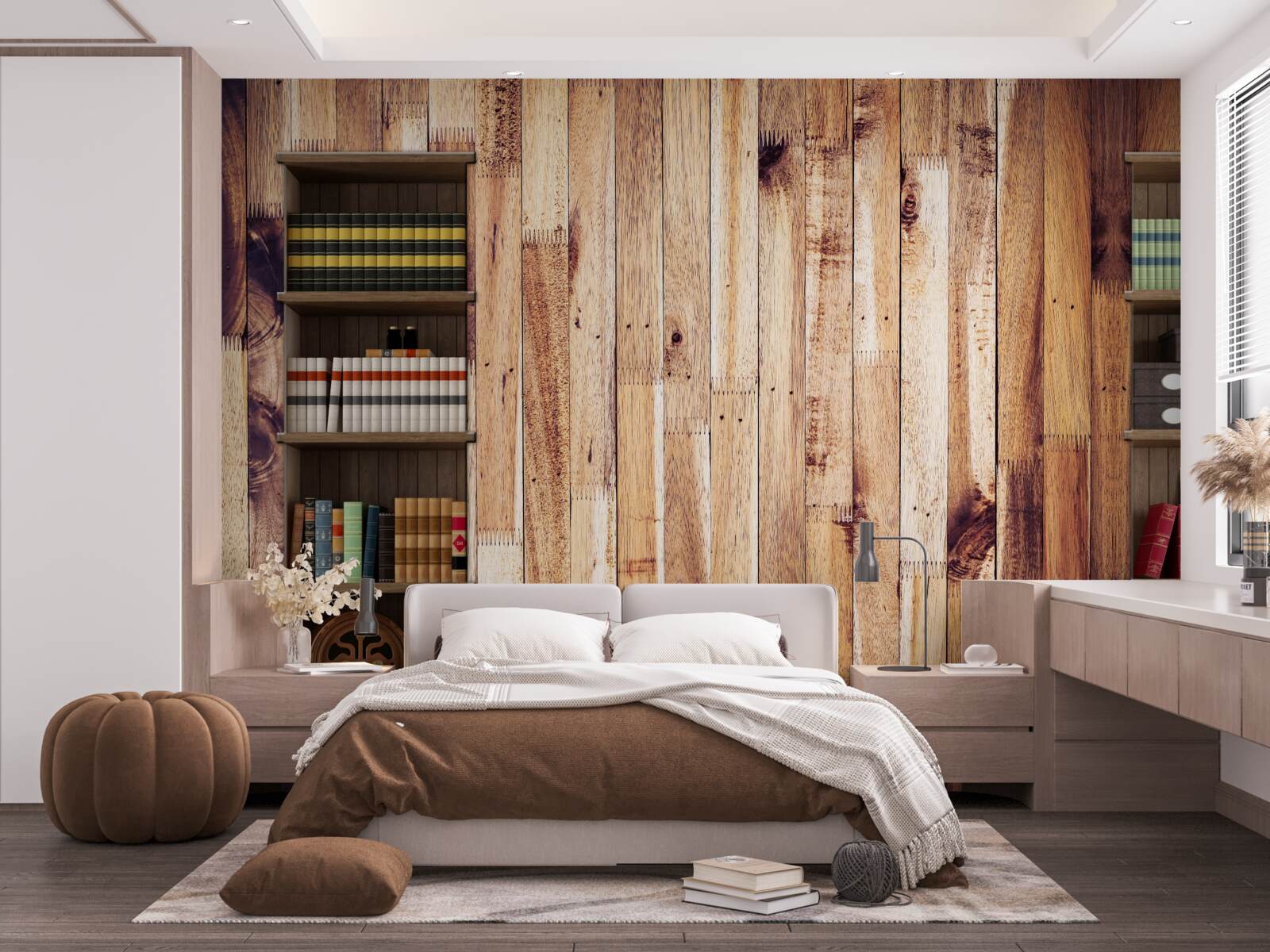 Fotobehang boekenplanken op de parketvloer