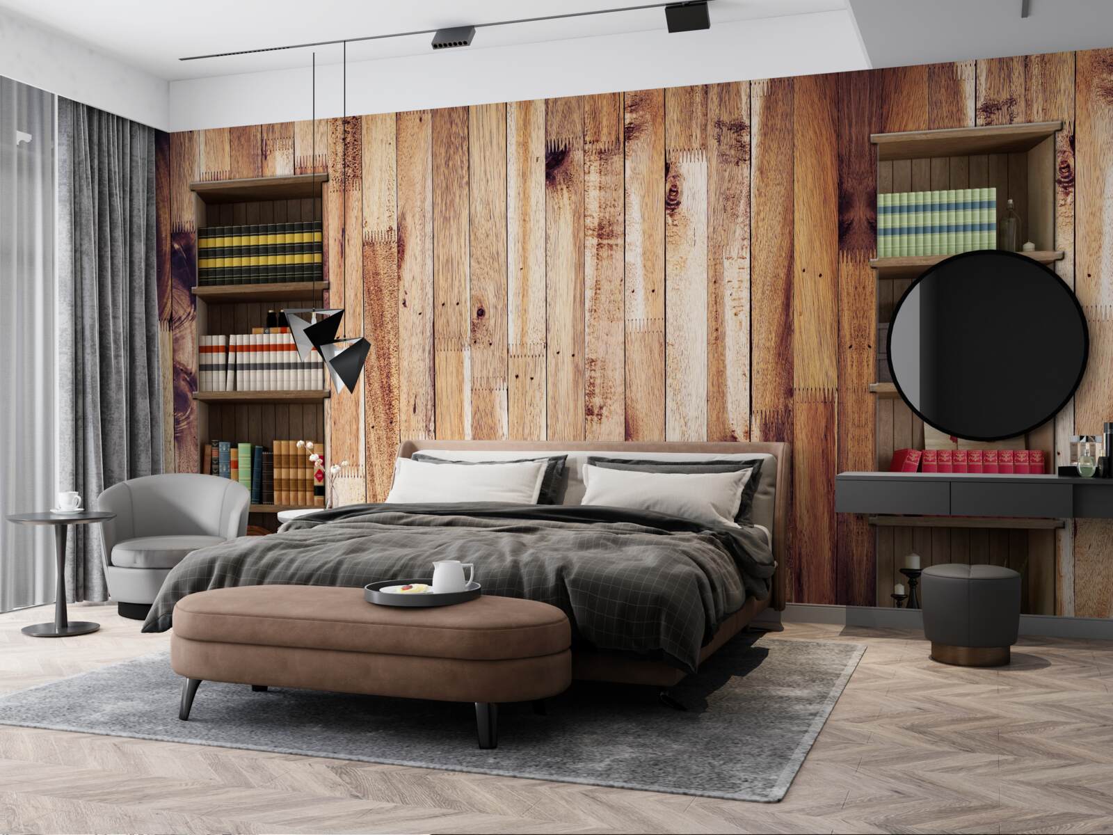 Fotobehang boekenplanken op de parketvloer