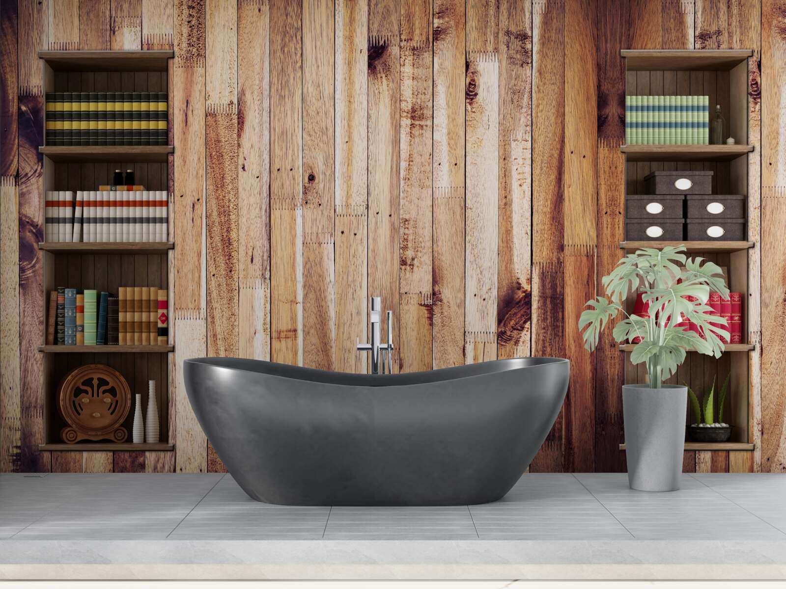 Fotobehang boekenplanken op de parketvloer