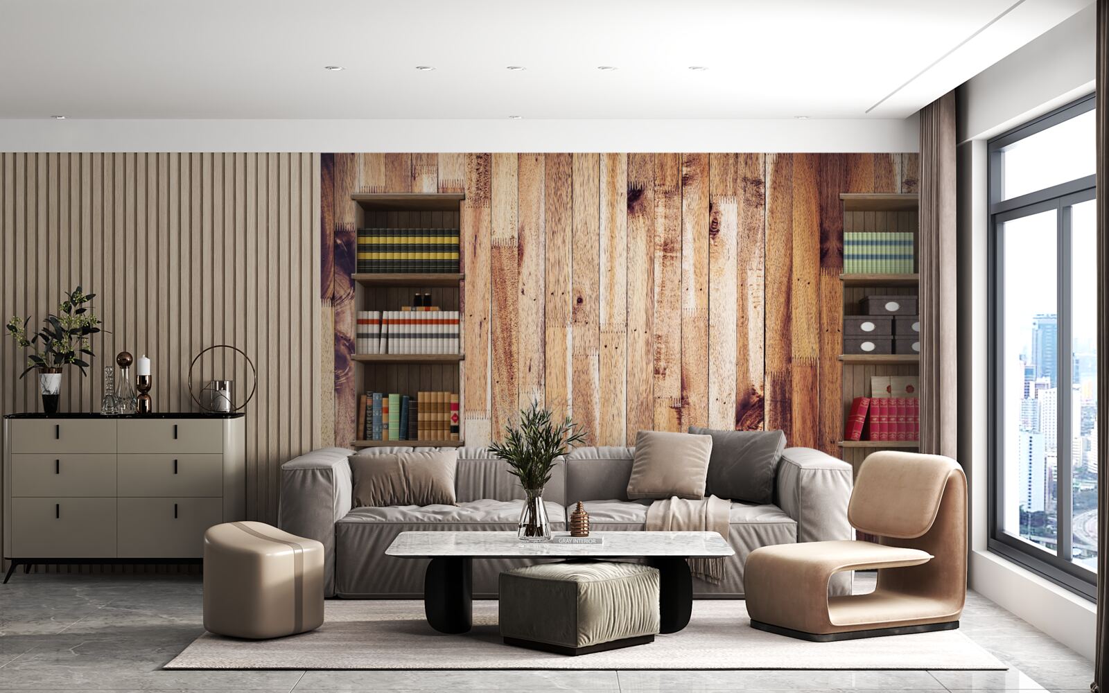 Fotobehang boekenplanken op de parketvloer