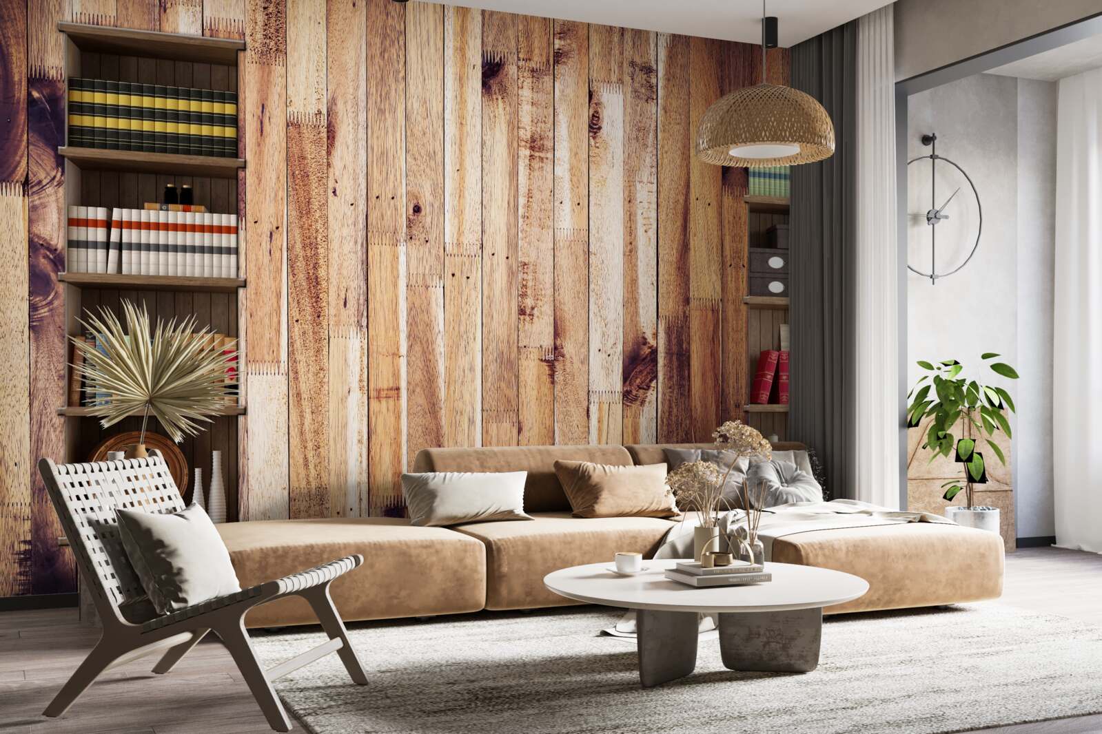 Fotobehang boekenplanken op de parketvloer