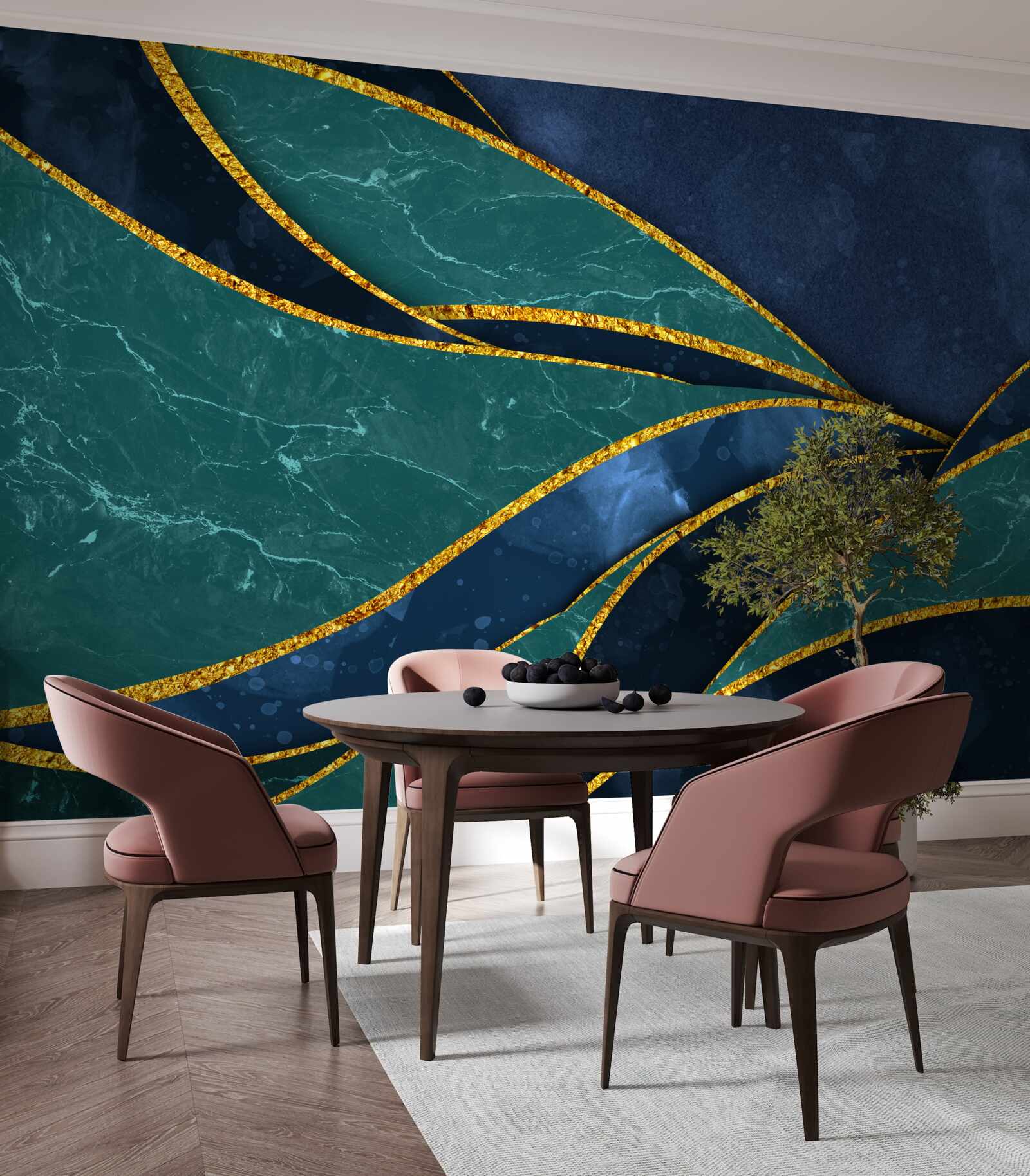 Fotobehang smaragdgroene lijnen sierlijk gebogen op een blauwe achtergrond