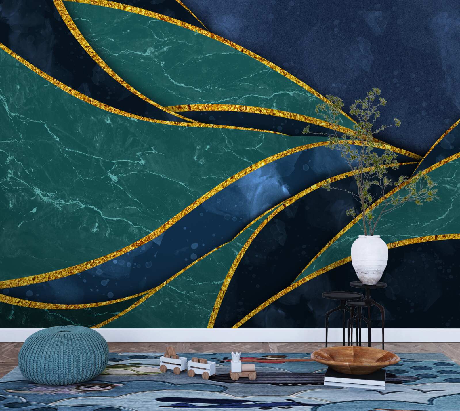 Fotobehang smaragdgroene lijnen sierlijk gebogen op een blauwe achtergrond