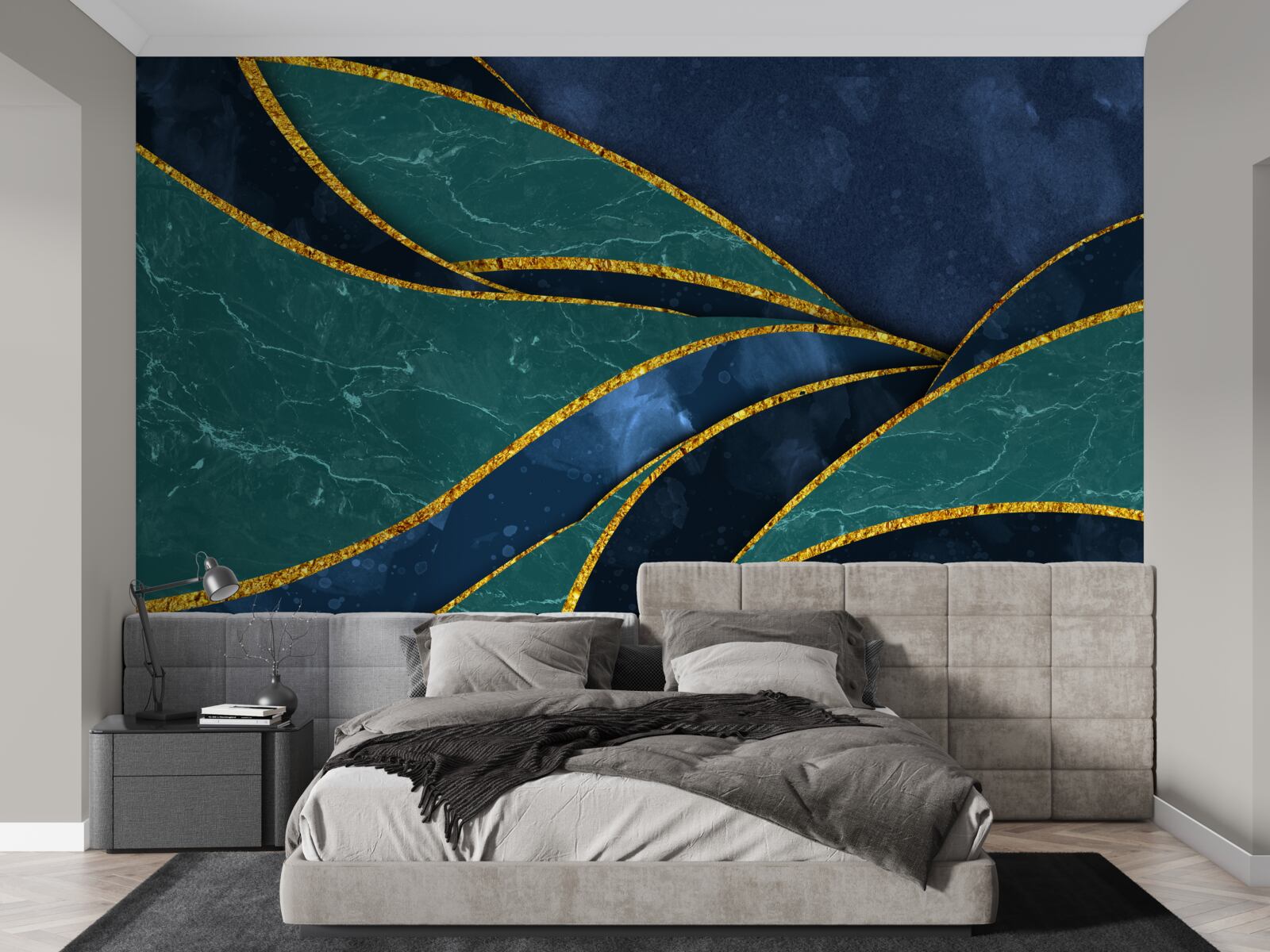 Fotobehang smaragdgroene lijnen sierlijk gebogen op een blauwe achtergrond