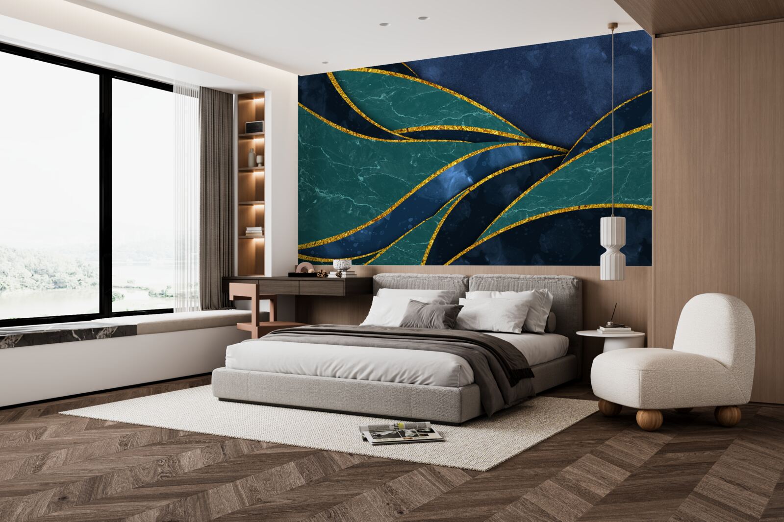 Fotobehang smaragdgroene lijnen sierlijk gebogen op een blauwe achtergrond