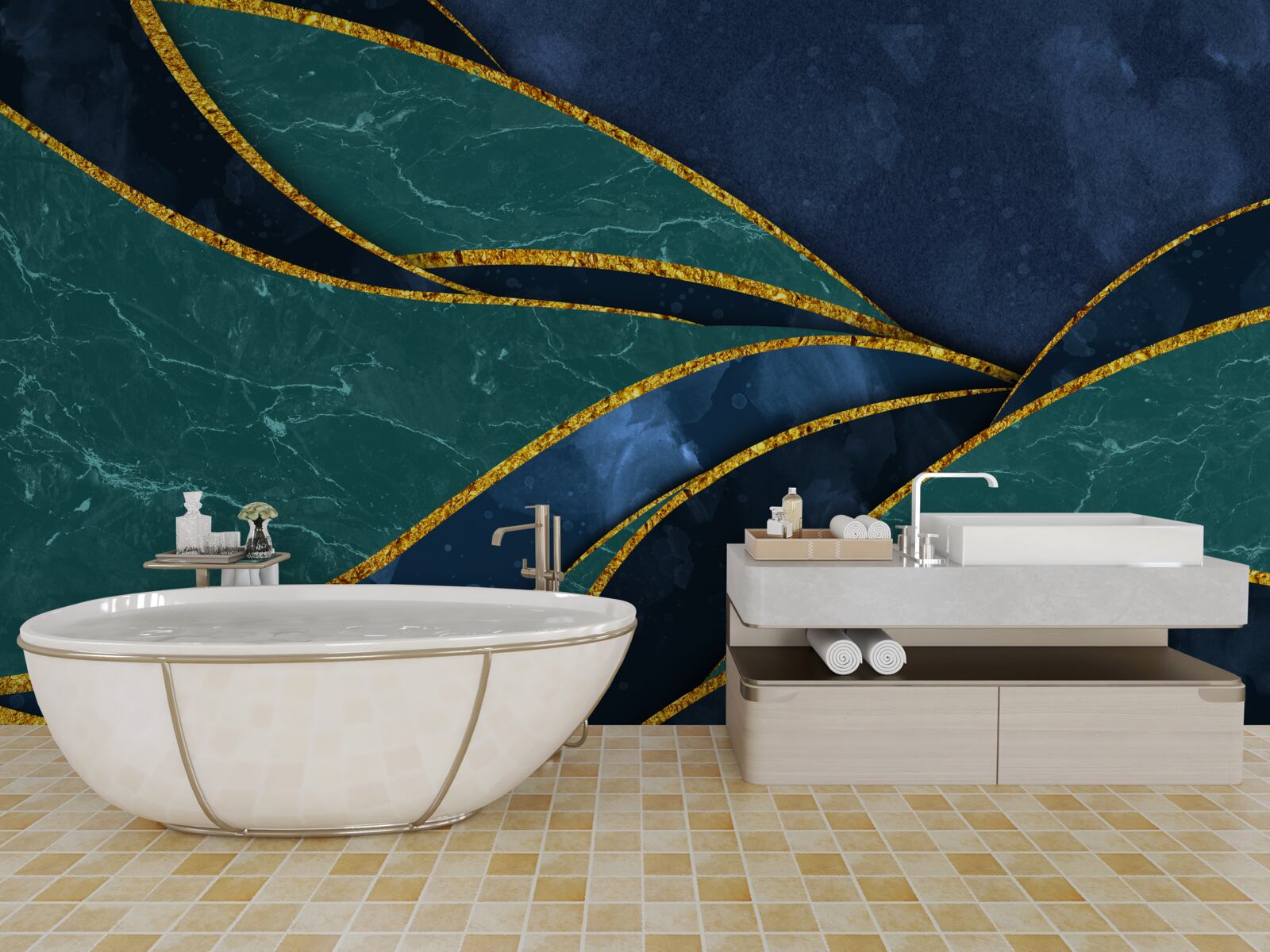 Fotobehang smaragdgroene lijnen sierlijk gebogen op een blauwe achtergrond