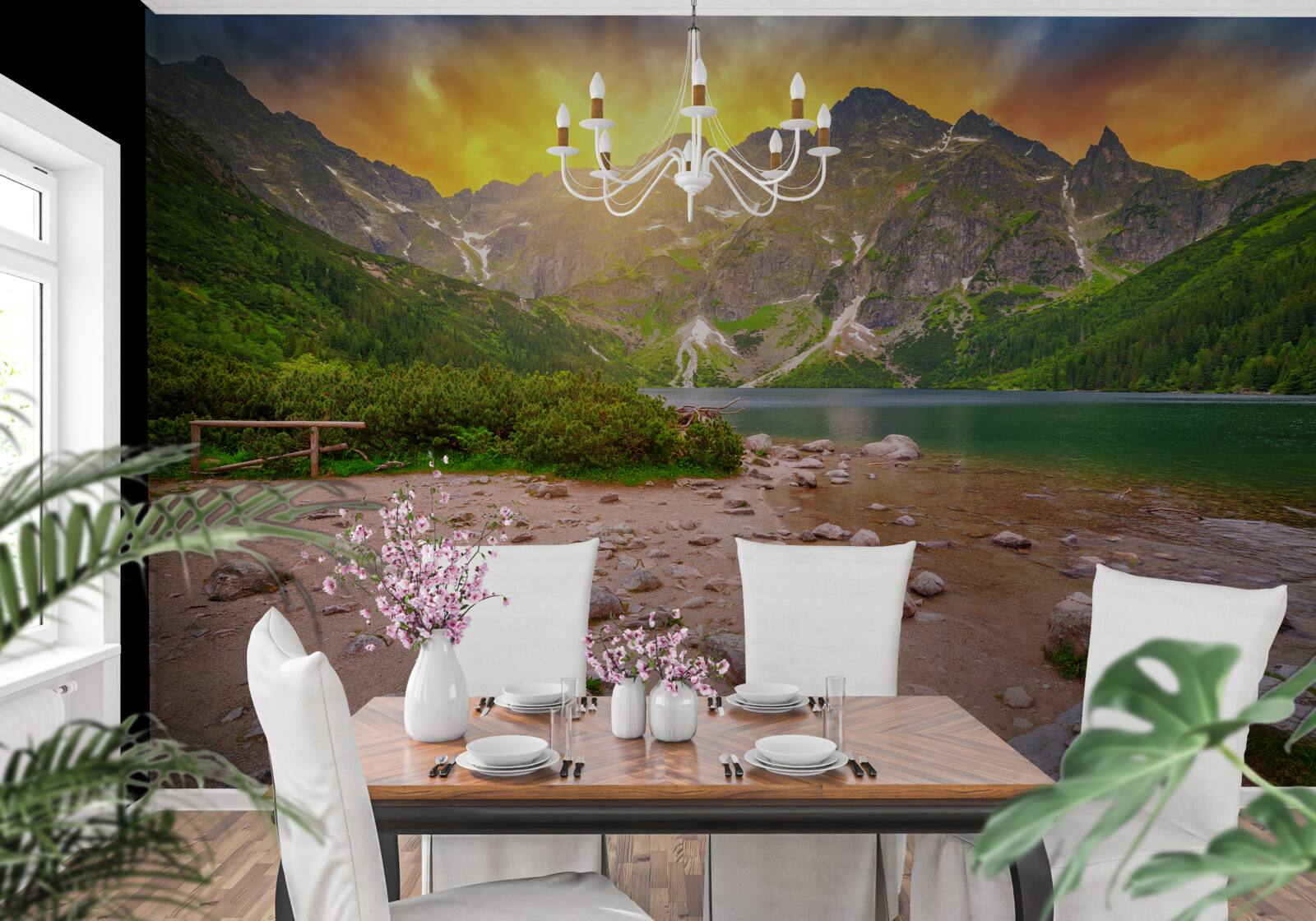 Fotobehang ondergaande zon achter een meer in het Tatragebergte