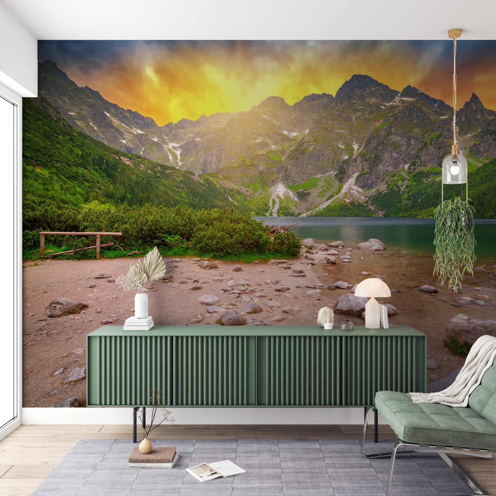 Fotobehang ondergaande zon achter een meer in het Tatragebergte