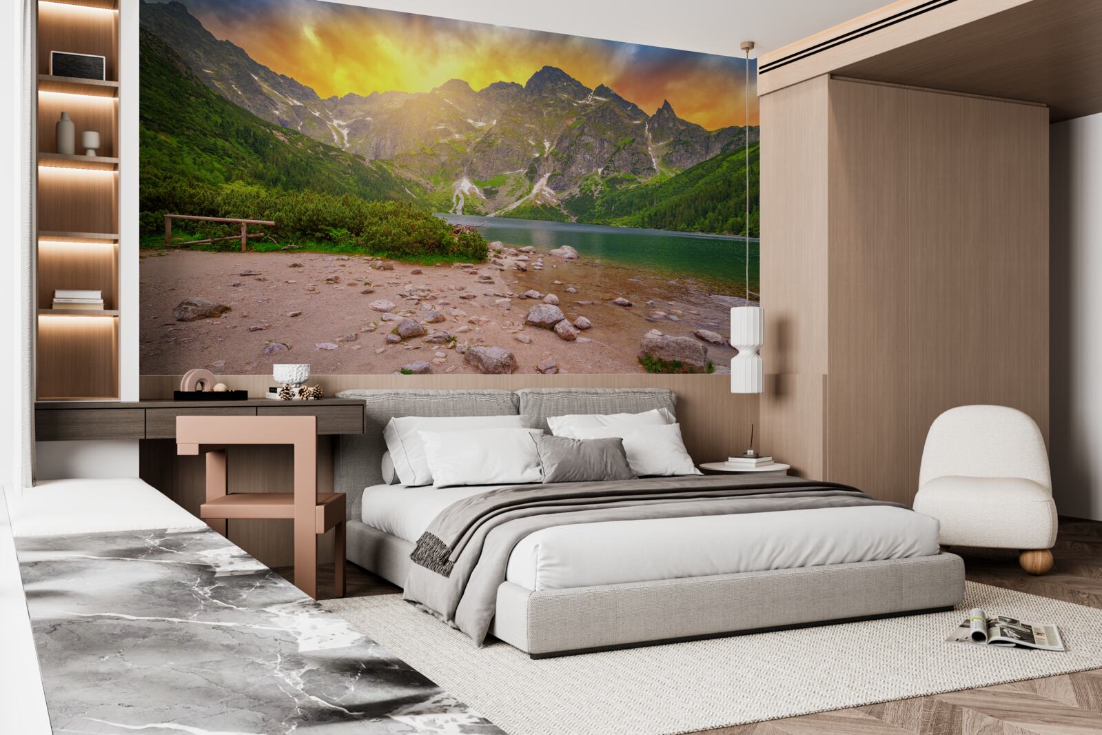 Fotobehang ondergaande zon achter een meer in het Tatragebergte