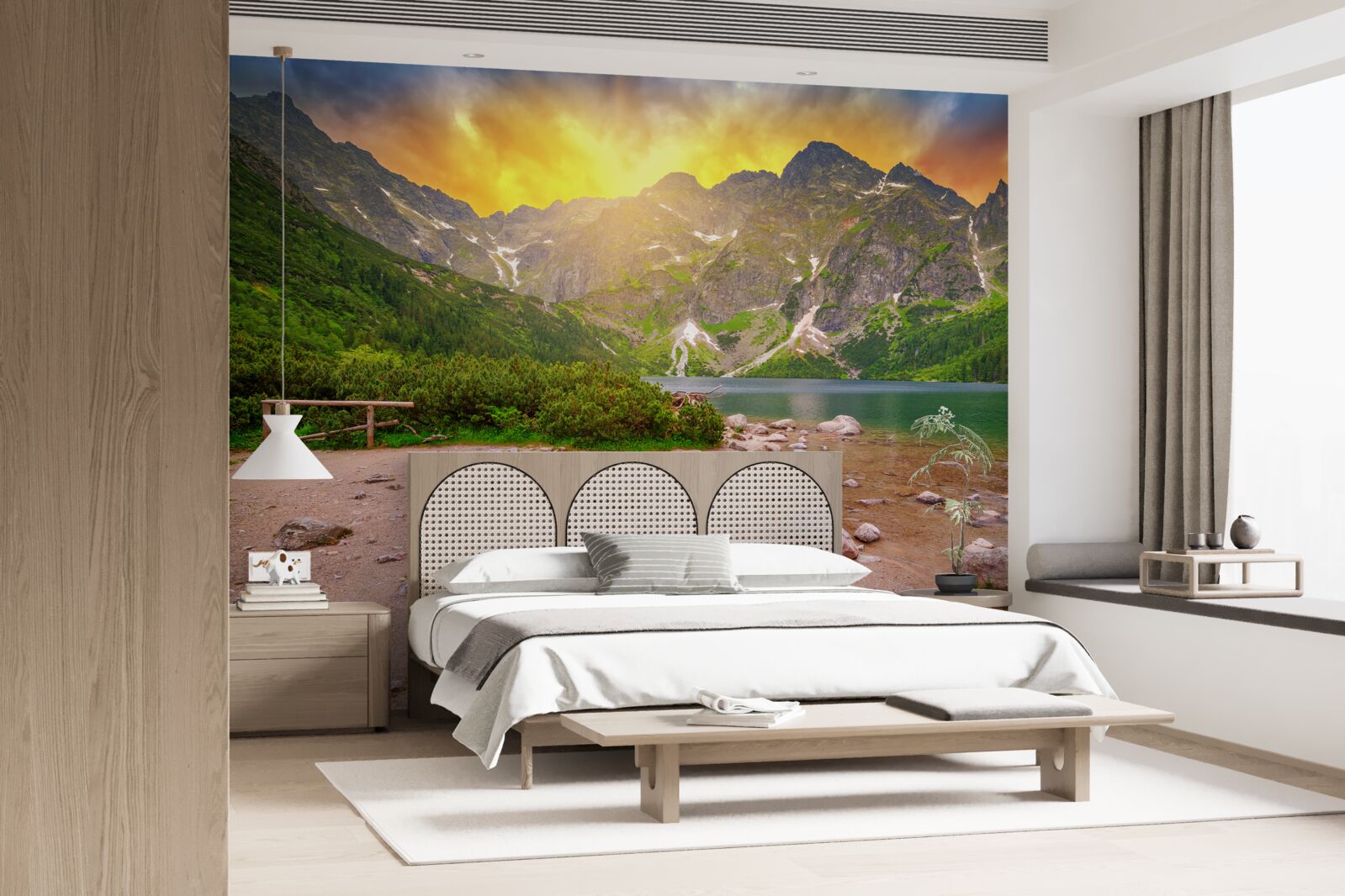 Fotobehang ondergaande zon achter een meer in het Tatragebergte