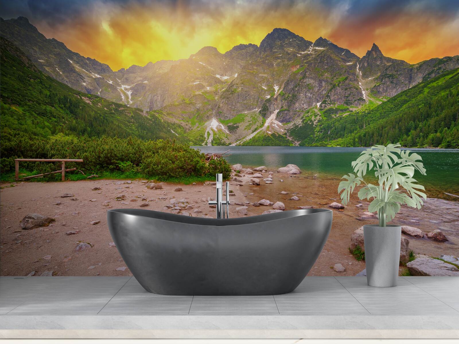 Fotobehang ondergaande zon achter een meer in het Tatragebergte