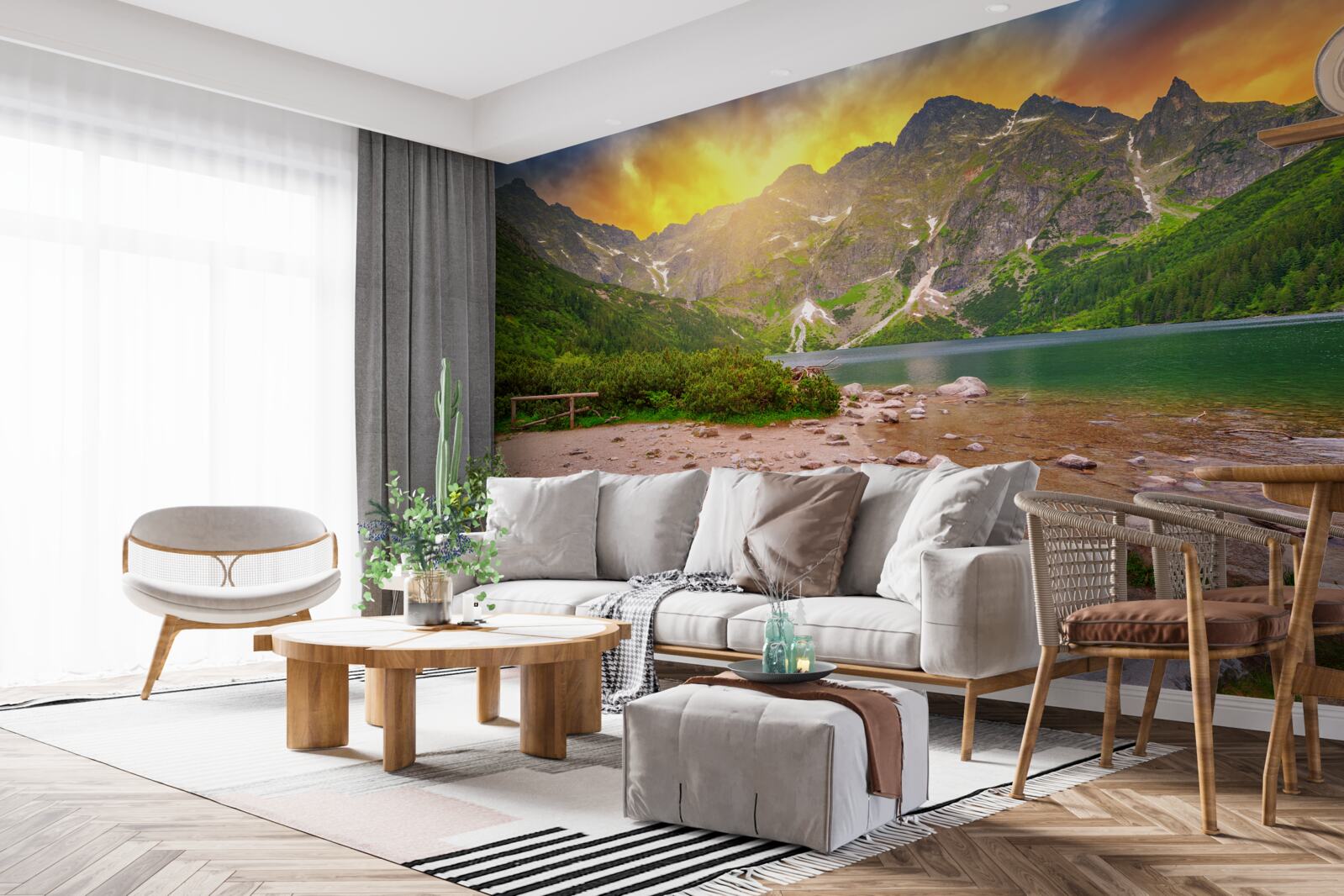 Fotobehang ondergaande zon achter een meer in het Tatragebergte