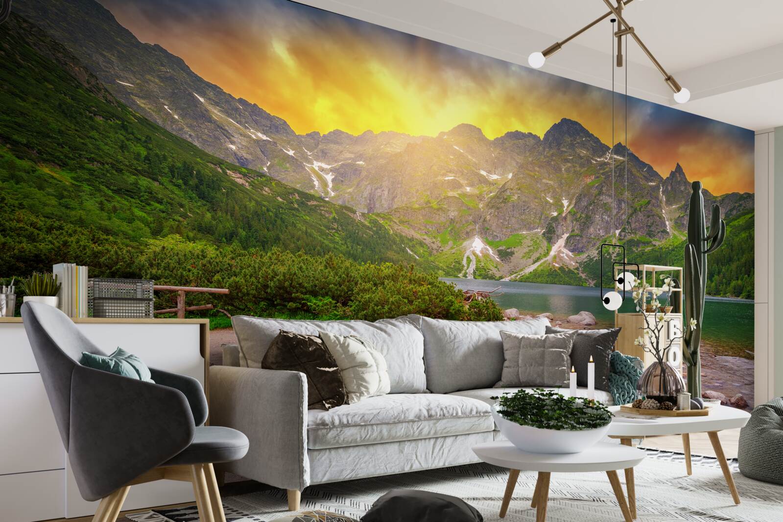 Fotobehang ondergaande zon achter een meer in het Tatragebergte