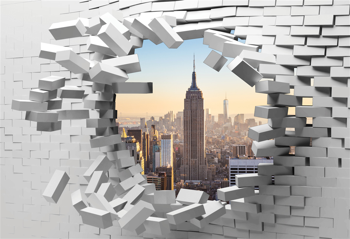 Fotobehang kijkend door de vervallen muur van het empire state building