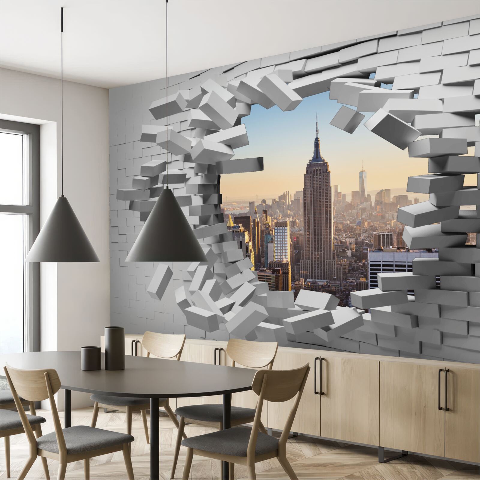 Fotobehang kijkend door de vervallen muur van het empire state building