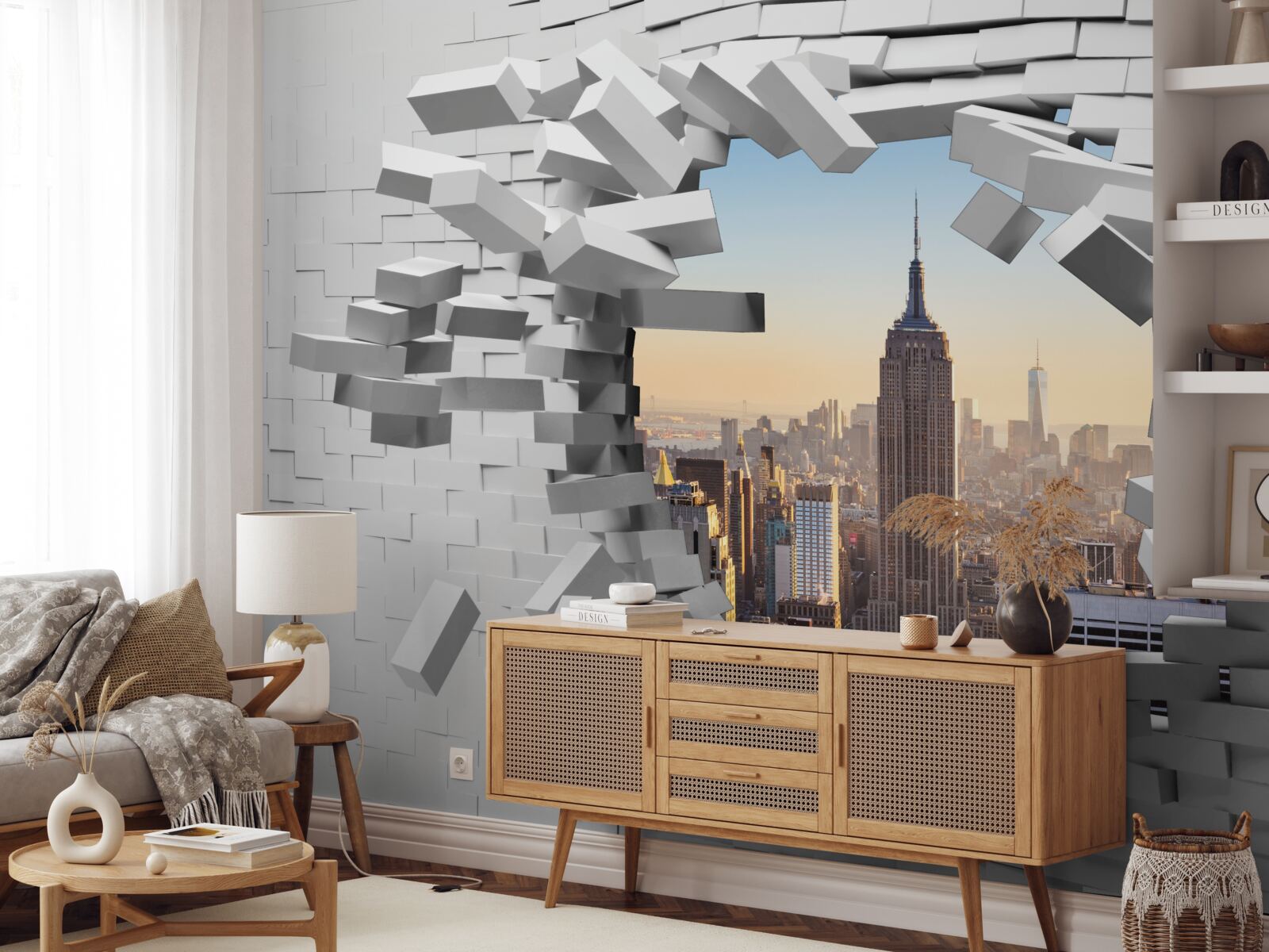 Fotobehang kijkend door de vervallen muur van het empire state building