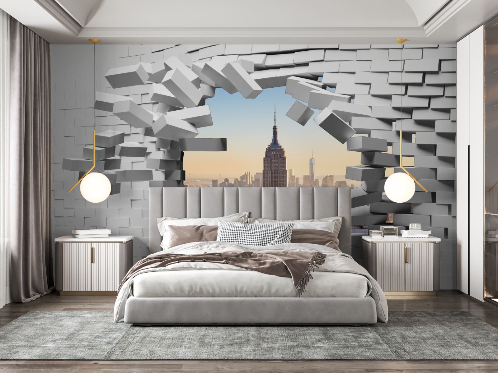 Fotobehang kijkend door de vervallen muur van het empire state building