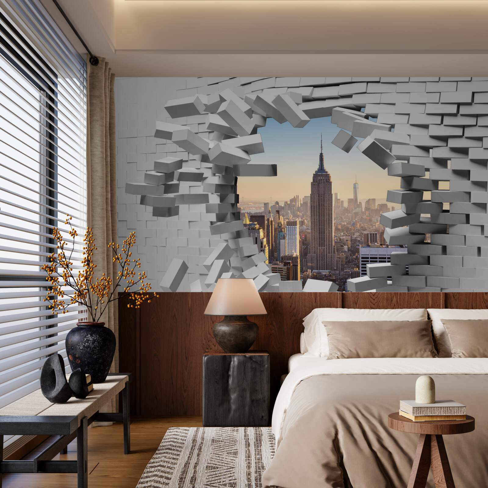 Fotobehang kijkend door de vervallen muur van het empire state building