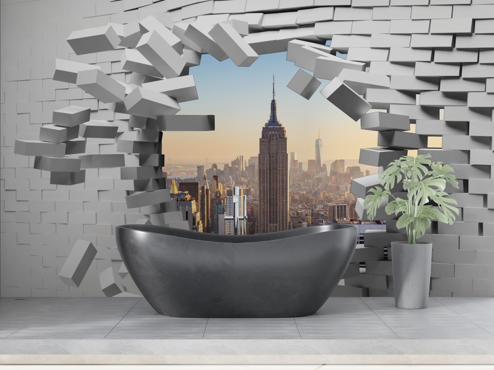 Fotobehang kijkend door de vervallen muur van het empire state building