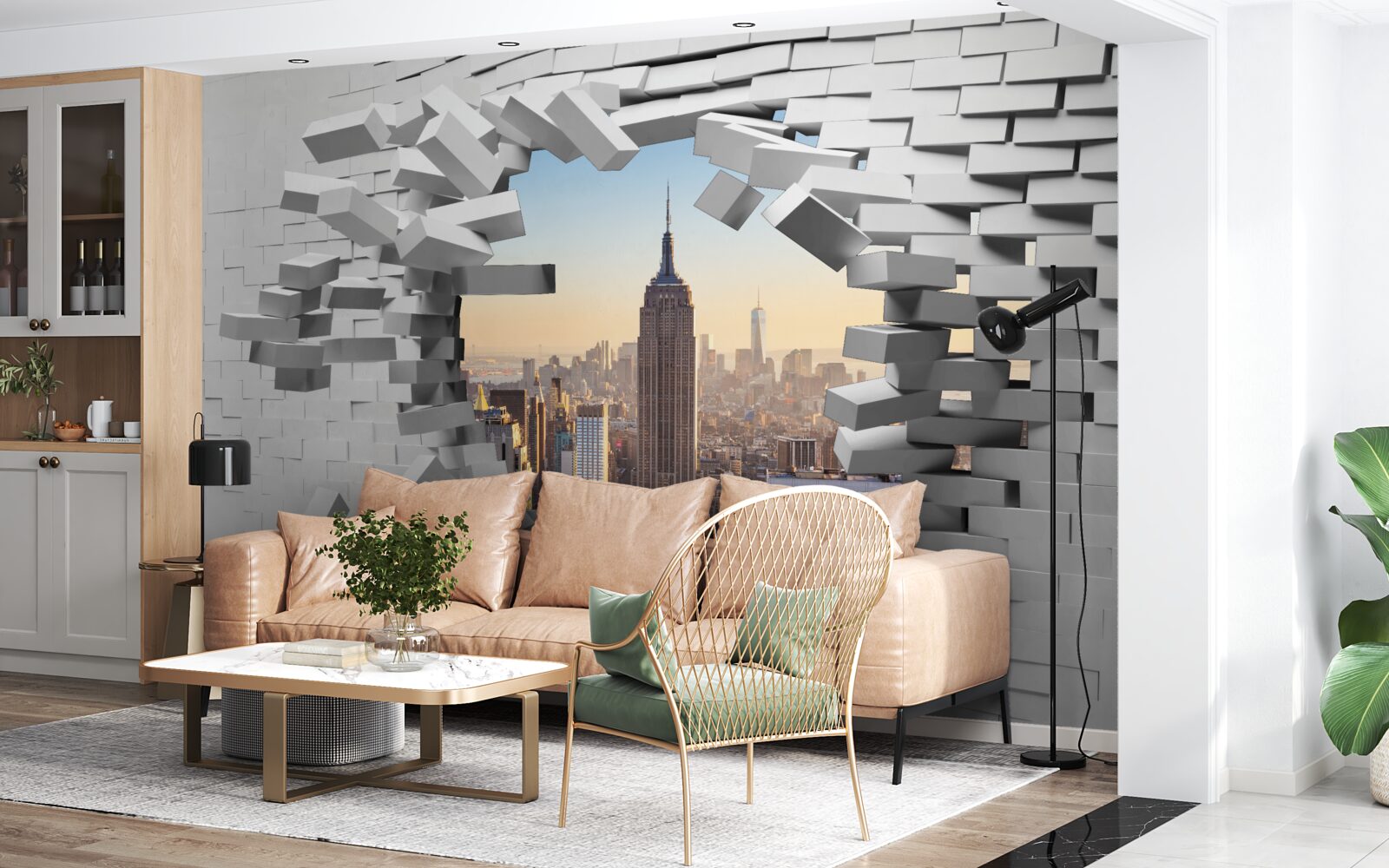 Fotobehang kijkend door de vervallen muur van het empire state building