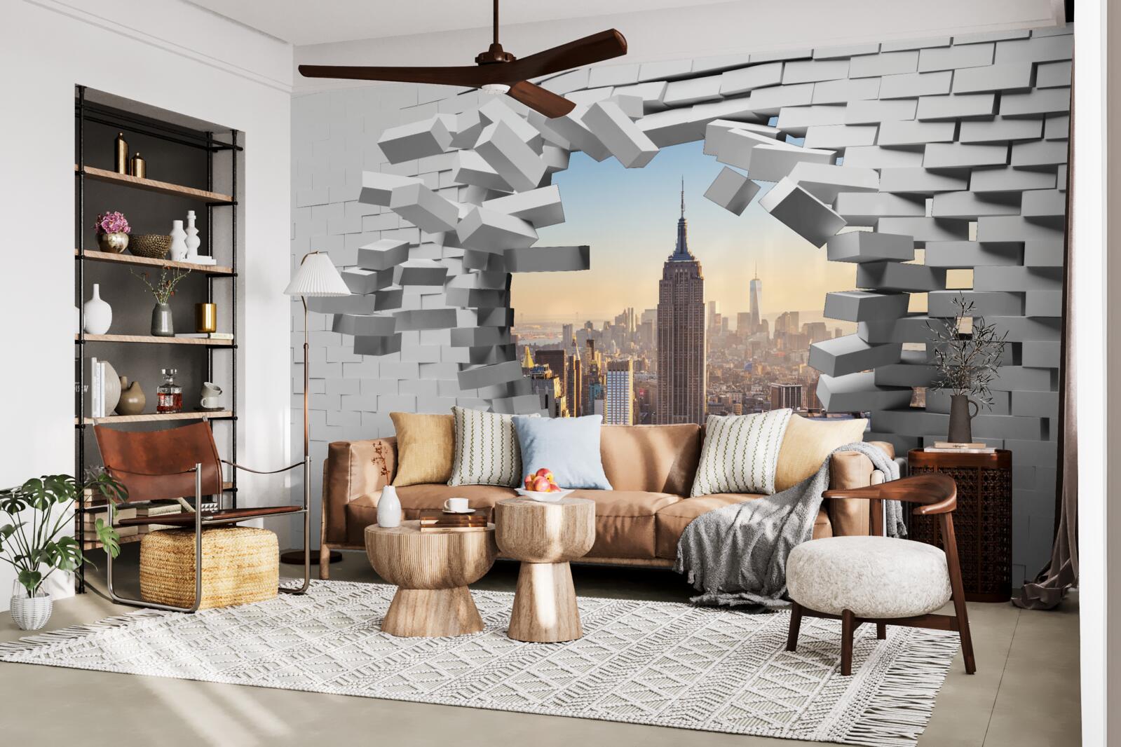 Fotobehang kijkend door de vervallen muur van het empire state building