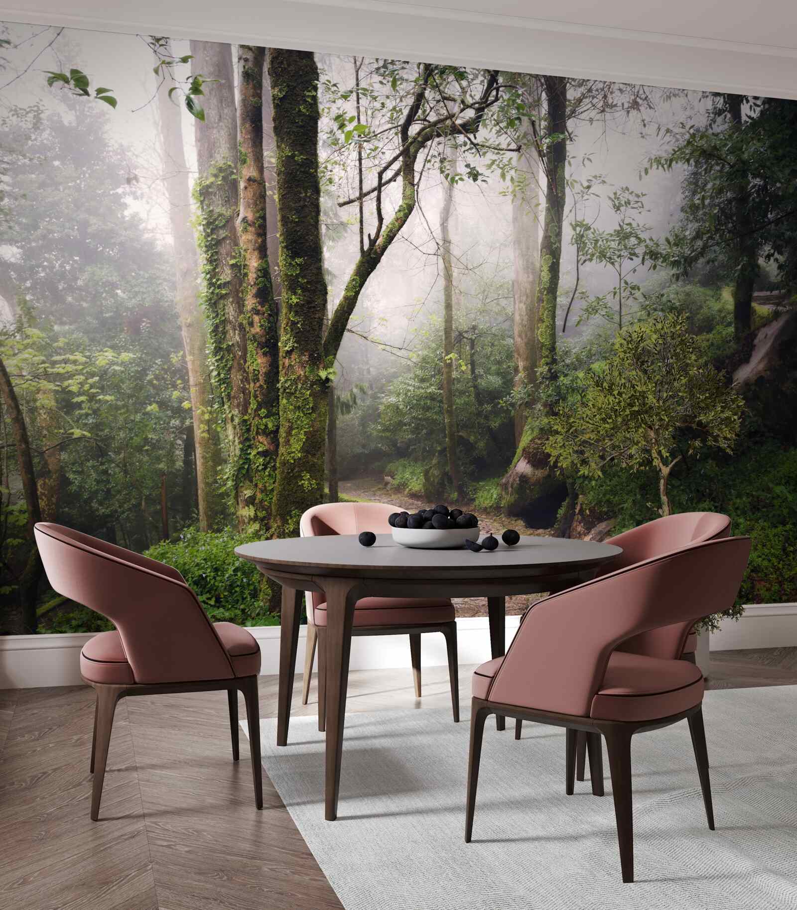 Fotobehang Pad door een groen liggend bos